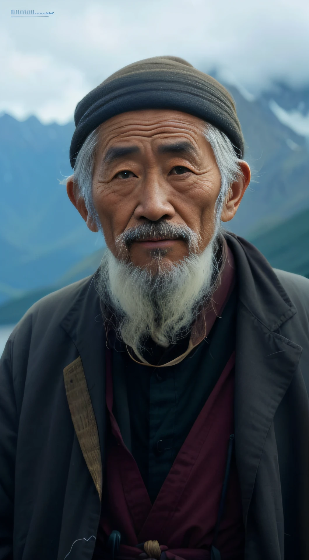An Aalfed man with a beard and a hat stands in front of the mountain, An old man, Asian face, omar shanti himalaya tibet, Asian people, Wise old man, Inspired by Hu Zaobin, Highly detailed VFX portrait, 8K highly detailed face, atey ghailan and steve mccurry, inspired by Hu Zao