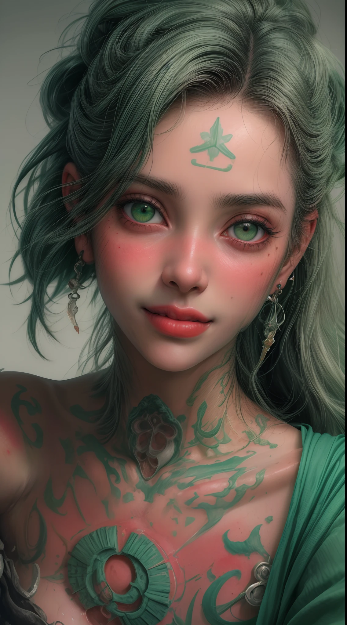Retrato de uma garota de 18 anos sorrindo, de bone, loira, olhos grandes verdes boca carnuda com batom vermelho, brinco, piercing , sweaty skin with imperfections,Tatuada, cabelo curto franja loira, detalhes intricados ( 8k super realista)