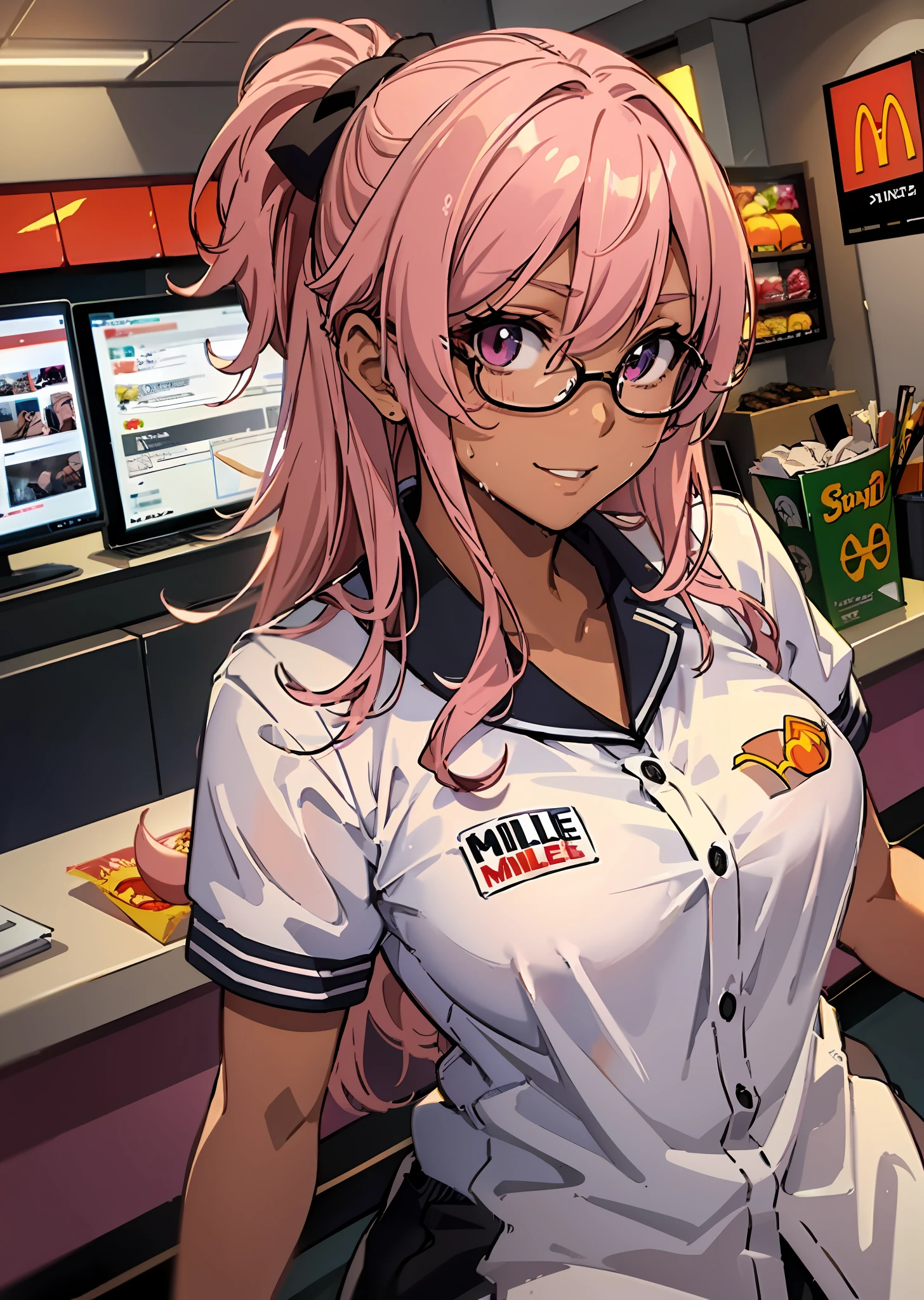 ((((Representative work 3.0、top-quality、Smile 3.0、Wearing a McDonald's uniform 4.0、Blouse、Look at me over the McDonald's counter、Work as a clerk at McDonald's、Brown skin、Pink hair 3.0、dynamic pose1.5、large full breasts、Brown skin color、A pink-haired、Wearing sweat、ssmile、)))((()))、Long body、(((((、long legged))))),((((darkskin)))),((sun burn)),Whole human body、(((Shyness)))、Realistic skin type、an anime girl、Detailed Digital Anime Art、extremely detailed art germ、a hyperrealistic schoolgirl、Ilyakukvshinov、Smooth Anime CG Art、Ultra Realistic Woman、ig model、ArtGerm、Photorealistic anime girl rendering、digital anime art