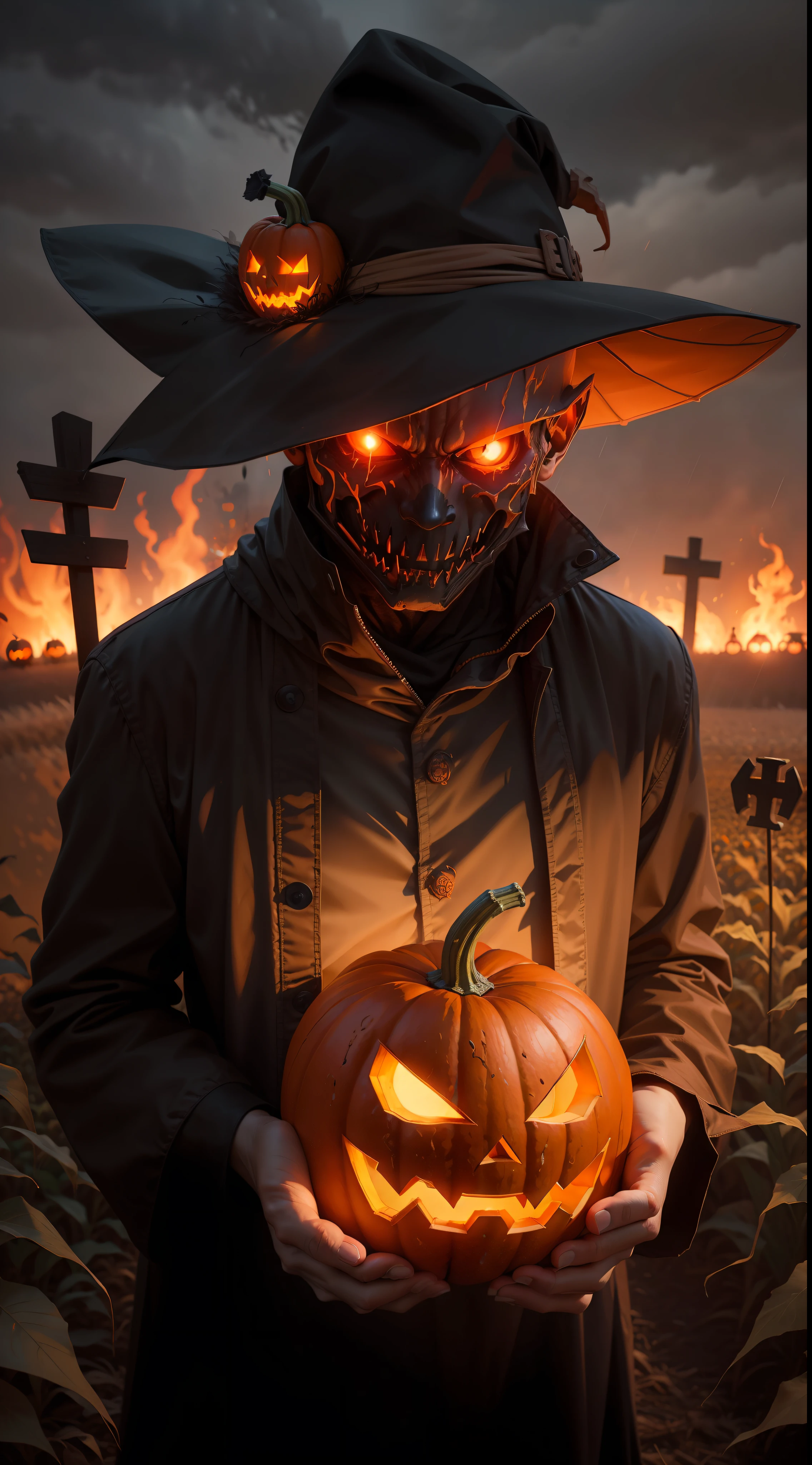 a demonic scarecrow with a pumpkin, jack o'lantern as the head, straw, night, fall weather, dark, creepy, cornfield, field on fire, rain, demonic, glowing red eyes, horror, scary, pumpkin head, bald