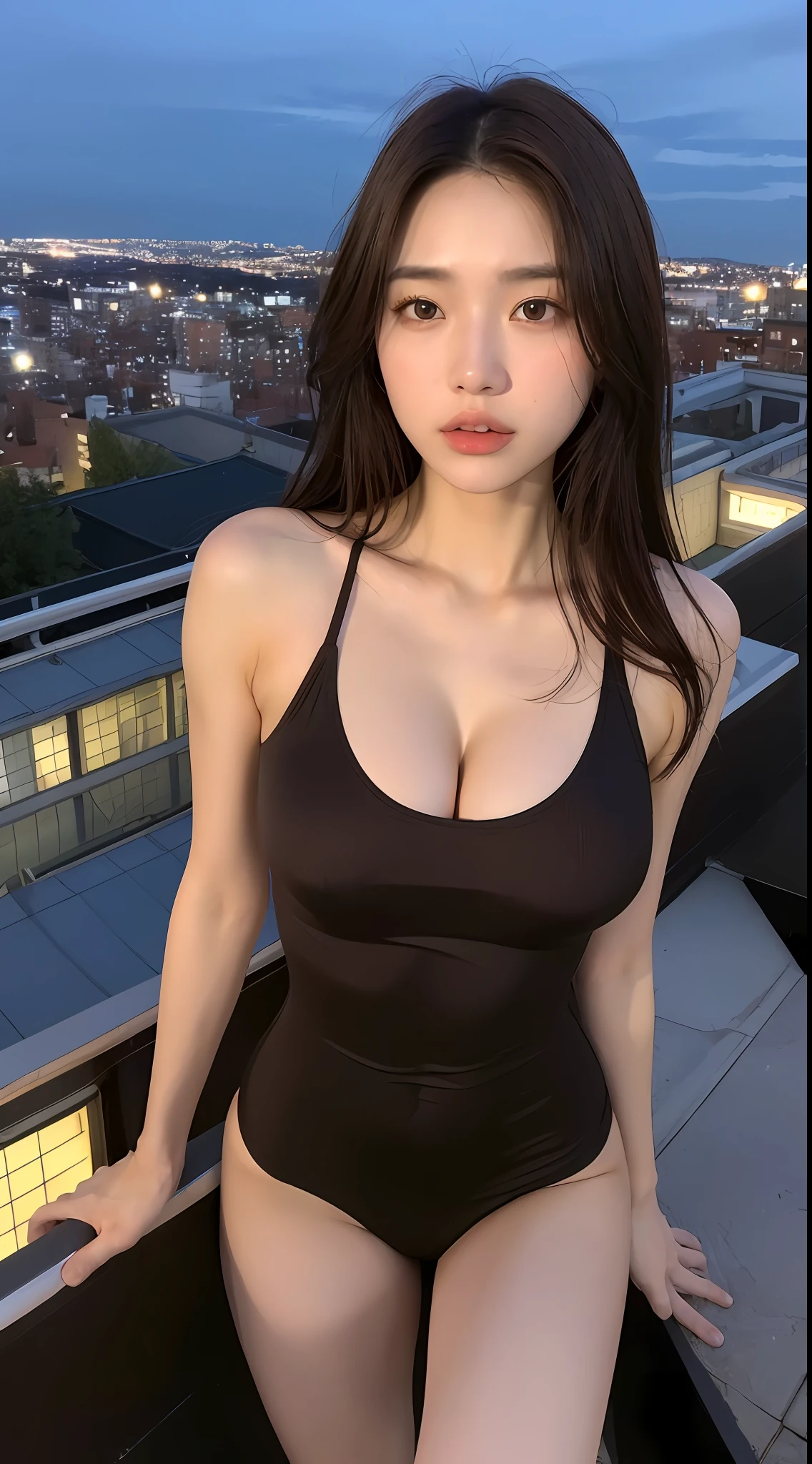 ((mid night、top-quality、8k、masterpiece:1.3))、full bodyesbian、long legged、foco nítido:1.2、Beautiful woman with perfect body shape:1.4、Slender Abs:1.1、((dark brown hair、huge-breasted:1.2))、(Tight fitness wear、is standing:1.2)、((Night City View、On the rooftop:1.3))、Highly detailed facial and skin texture、A detailed eye、二重まぶた