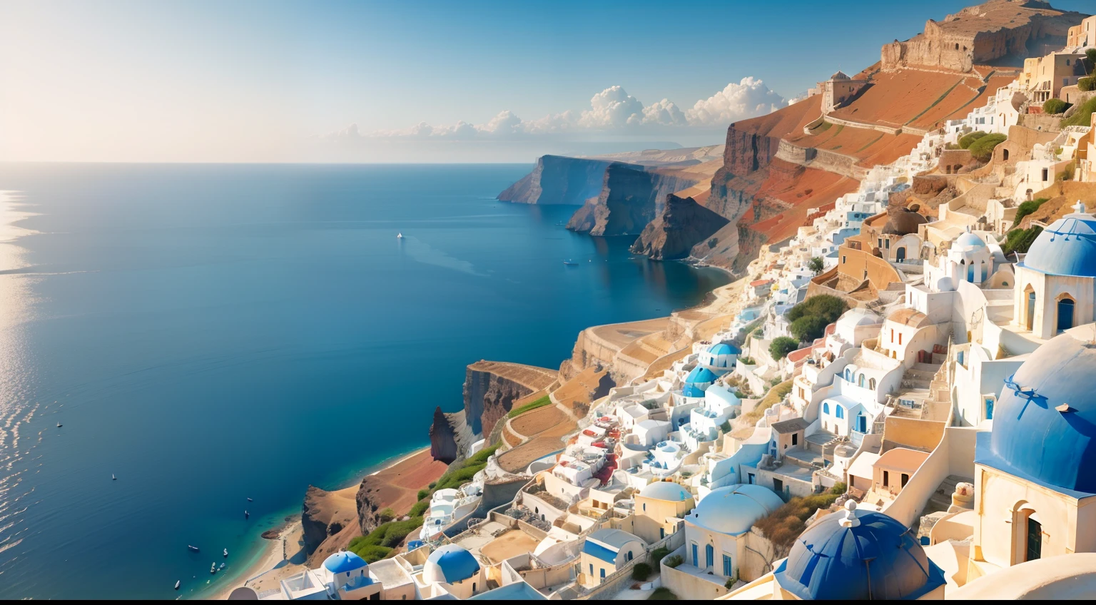"Transport yourself to the picturesque Greek island of Santorini, with its iconic white-washed buildings overlooking the sparkling blue sea."