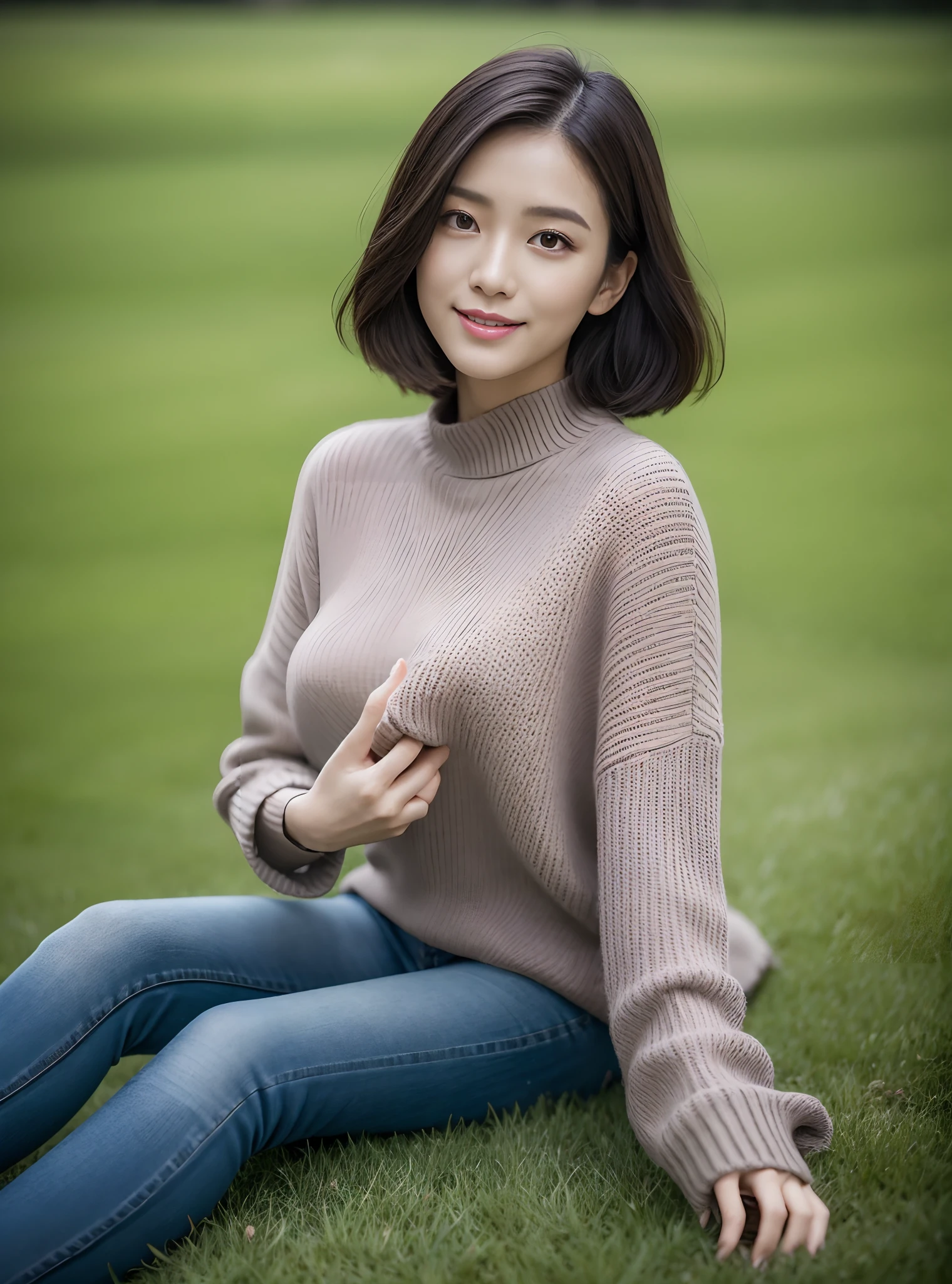 (rain, grassy fields: 1.3), 1 beautiful woman taking pictures on the grass,RAW photos,tmasterpiece,(highdetailskin:1.2),8k ultra high definition,digital SLR camera,gentlesoftlighting,high high quality,filmgrain,富士XT3,20 years old Asian woman,Dark gray skinny sweater(Slim,Fit snugly to the body,Show beautiful curves)and trendy jeans with open navels,Detailed clothing details:1.5,perfect body figure,Perfect breasts and nipple bulge,The calves are straight and slender,((Branded fashion travel shoes:1.5)),Melon seed face,short detailed hair,Super detailed facial details and skin,Fair face and fair skin,二重まぶた,Super detailed eyes,A sweet smile,Beautiful accessories,(Gloss on lips, eyeslashes, Glossy face, Best quality, Super high resolution, warm color,Wide lighting, naturalshadow), Sit on the grass and play,Pose coquettishly,Show off your sexy figure, Full body shooting: 1.8