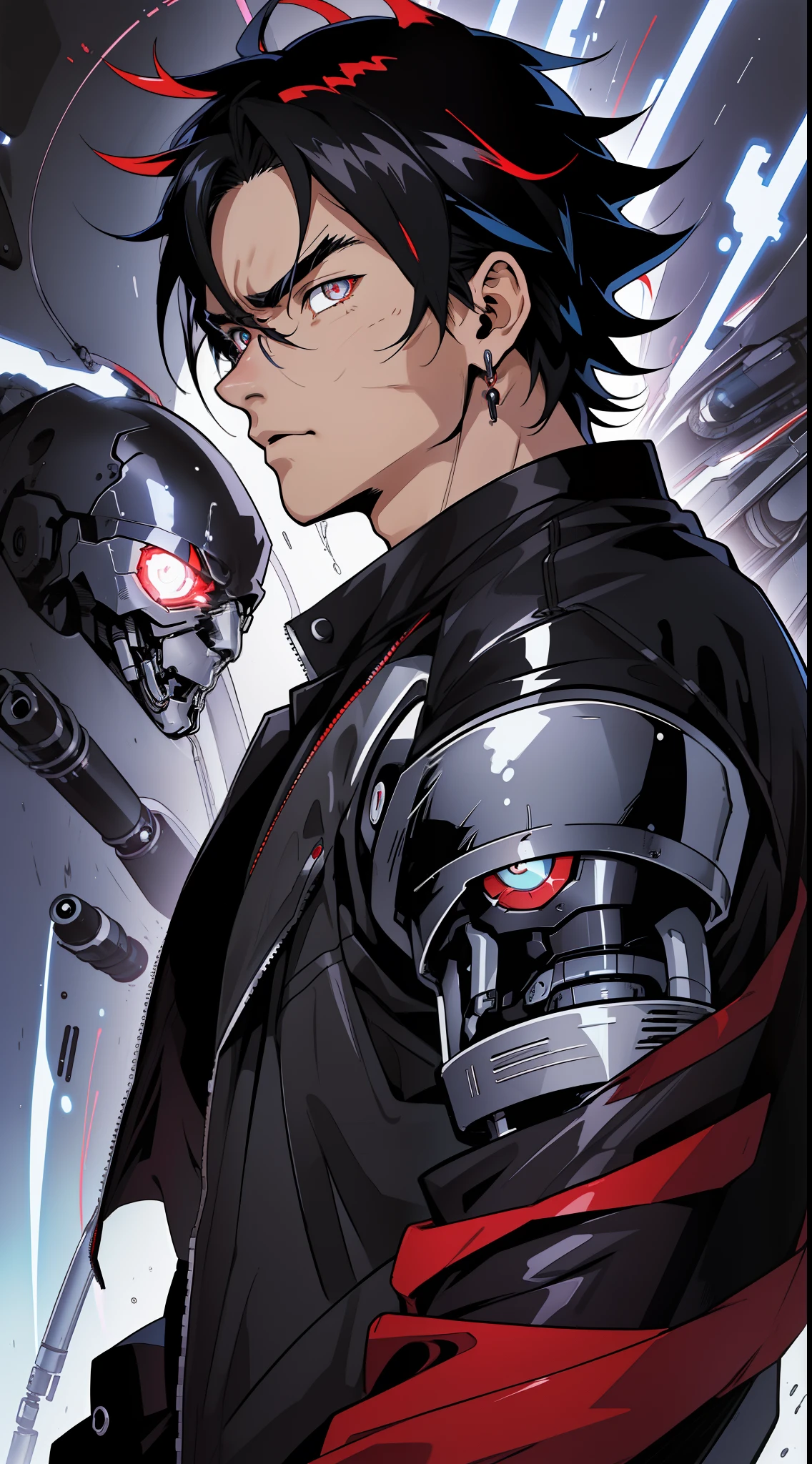 (anime) . Male ((((Terminator)))), black hair, deep red eyes . (Masterpiece: 1.8), (64k quality), (final fantasy artwork concept), detailed (manga eyes + hair + clothes + body + face + colors + shoulders + eyes (globular + transparent + liquid) + (sharper drawings) + (shiny jewelry) + (clothes folds) + (rounded eyes) + (consistent clothes) + (clothing features) + (eyes line), better (colorful + (coarser line) + (black line) + finishing . [Drawing] (Anime (Manga (Comics))) + (Coarse Line: 1.8) + (Black Line: 1.8) + (Color: 1.8) + (Clean: 1.8) + (Contrast: 1.8) + (Black Outline: 1.8) + (adjusted colors: 1.8) + (shadow set: 1.8) + (manga eyes: 1.8), ((made homogeneous: 1.3))