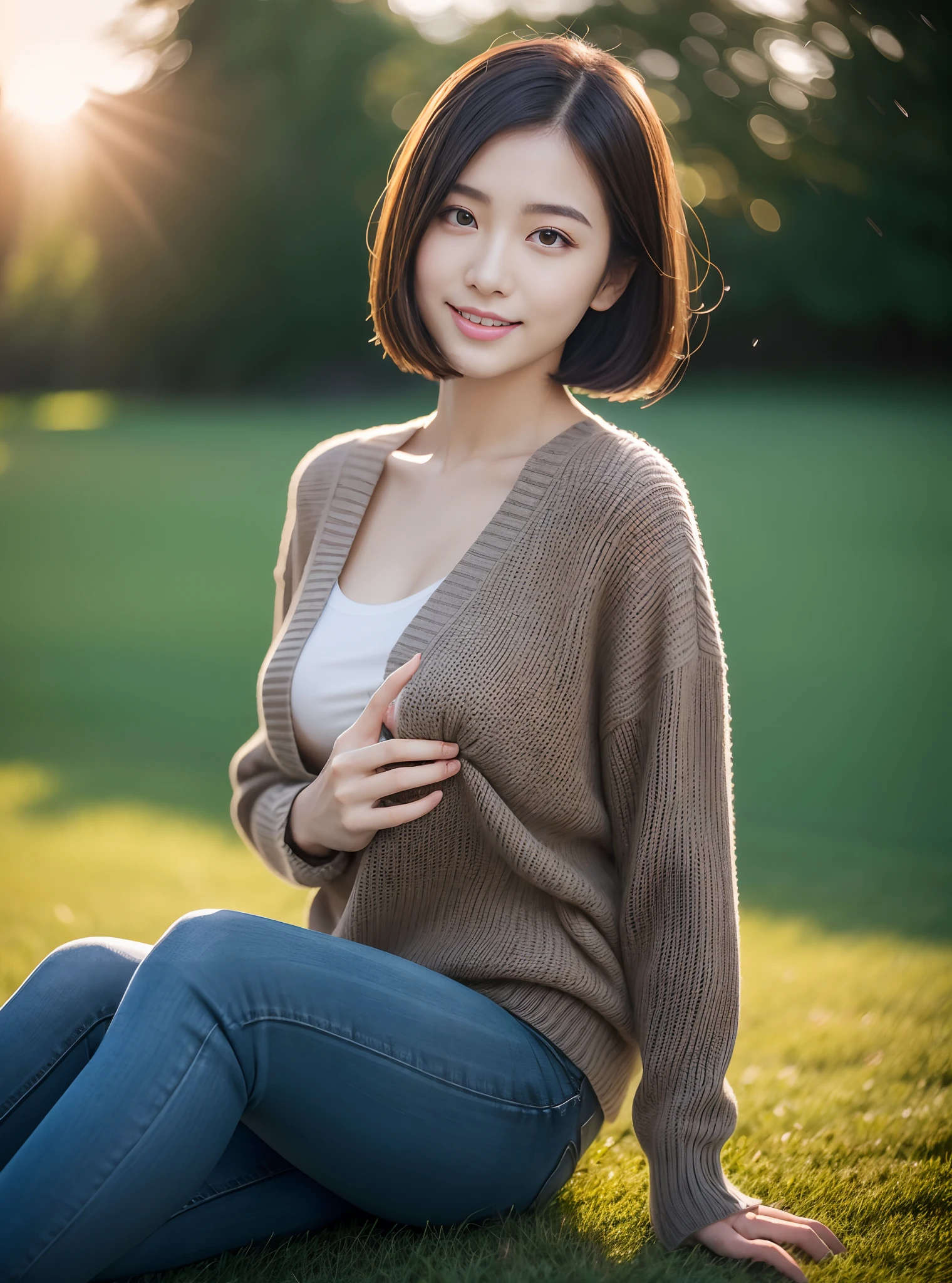(rain, grassy fields: 1.3), 1 beautiful woman taking pictures on the grass,RAW photos,tmasterpiece,(highdetailskin:1.2),8k ultra high definition,digital SLR camera,gentlesoftlighting,high high quality,filmgrain,富士XT3,20 years old Asian woman,Dark gray skinny sweater(Slim,Fit snugly to the body,Show beautiful curves)and trendy jeans with open navels,Detailed clothing details:1.5,perfect body figure,Perfect breasts and nipple bulge,The calves are straight and slender,((Branded fashion travel shoes:1.5)),Melon seed face,short detailed hair,Super detailed facial details and skin,Fair face and fair skin,二重まぶた,Super detailed eyes,A sweet smile,Beautiful accessories,detailed finger,(Gloss on lips, eyeslashes, Glossy face, Best quality, Super high resolution, warm color,Wide lighting, naturalshadow), Sit on the grass and play,Pose coquettishly,Show off your sexy figure, Full body shooting: 1.8
