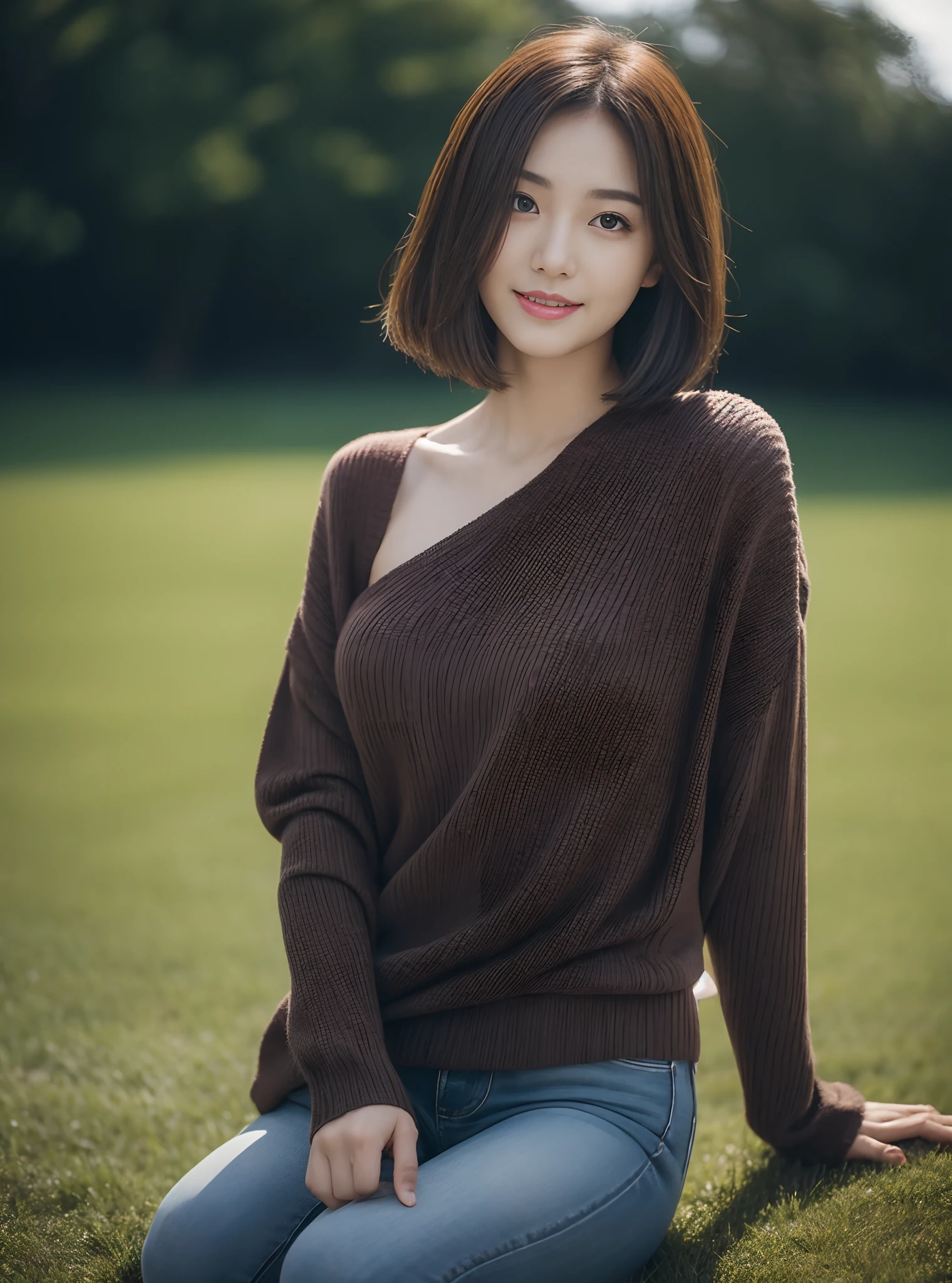 (rain, grassy fields: 1.3), 1 beautiful woman taking pictures on the grass，RAW photos，tmasterpiece，（highdetailskin：1.2），8k ultra high definition，digital SLR camera，gentlesoftlighting，high high quality，filmgrain，富士XT3，20 years old Asian woman，Dark gray skinny sweater（Slim，Fit snugly to the body，Show beautiful curves）and trendy jeans with open navels，Detailed clothing details:1.5，perfect body figure，Perfect breasts and nipple bulge，The calves are straight and slender，（（Branded fashion travel shoes:1.5）），Melon seed face，short detailed hair，Super detailed facial details and skin，Fair face and fair skin，二重まぶた，Super detailed eyes，A sweet smile，Beautiful accessories，(Gloss on lips, eyeslashes, Glossy face, Best quality, Super high resolution, warm color，Wide lighting, naturalshadow), Sit on the grass and play，Pose coquettishly，Show off your sexy figure， Full body shooting: 1.8
