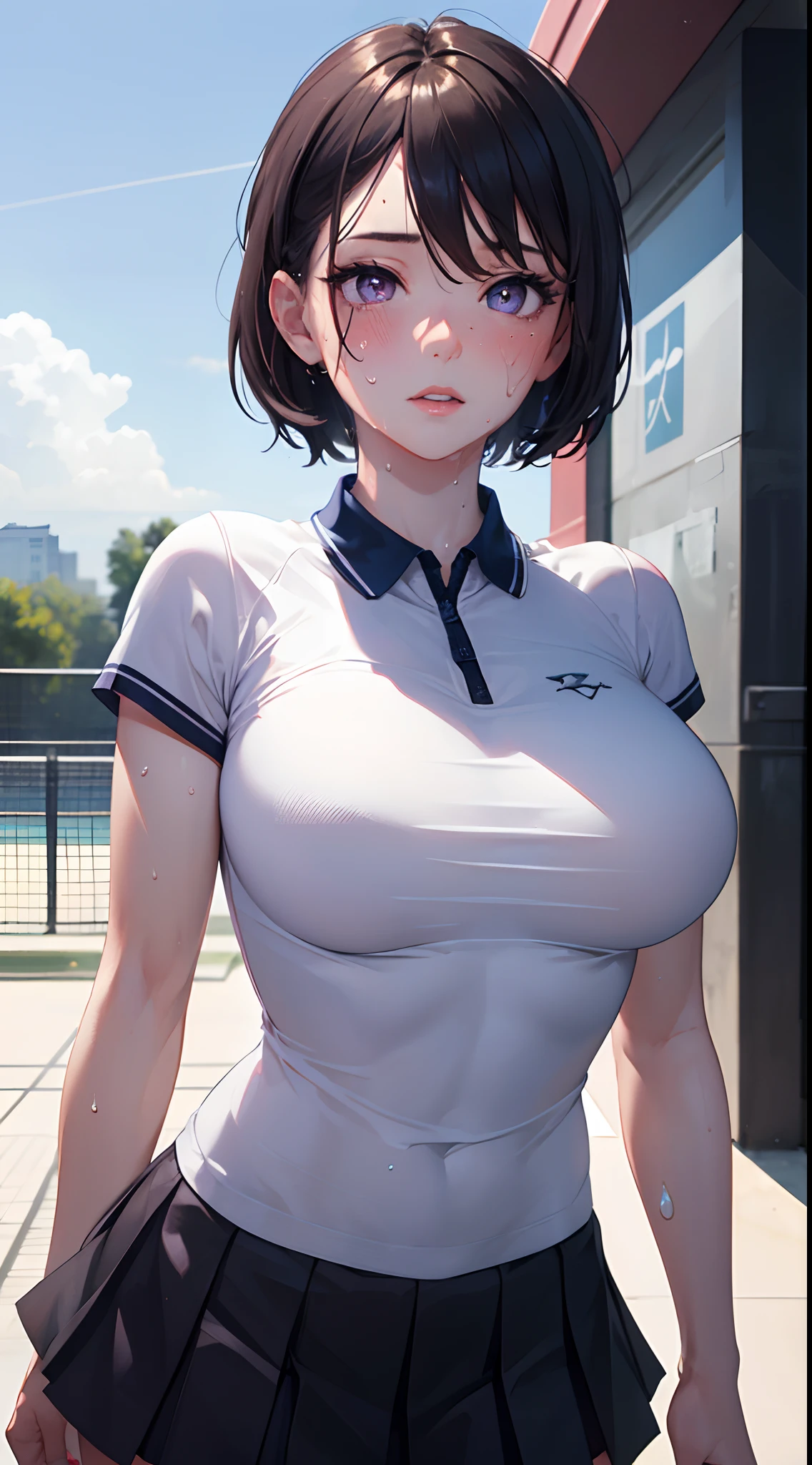 1girl, solo, white polo shirt, white sneakers, tennis wear, white miniskirt, masterpiece, best quality, realistic, hyper-detailed, (shiny skin, sweaty:1.4), absurd, looking at viewer, short white hair, purple eyes, slender, dynamic lighting, high resolution, sharp focus, depth of field, detailed eyes, sharp pupils, realistic pupils, (average breasts:1.6), (thick thighs:1.0), outdoor, sky