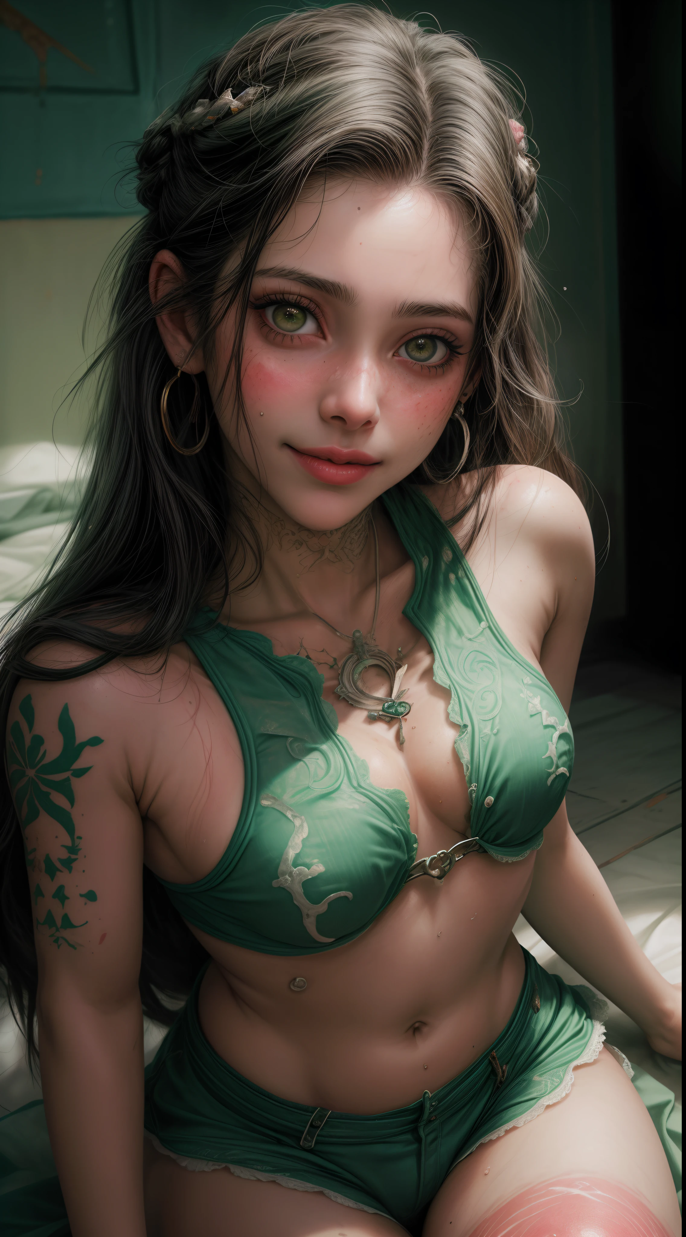 Retrato de uma garota de 18 anos sorrindo, de bone, loira, olhos grandes verdes boca carnuda com batom vermelho, brinco, piercing , sweaty skin with imperfections,Tatuada, cabelo curto franja loira, detalhes intricados ( 8k super realista)