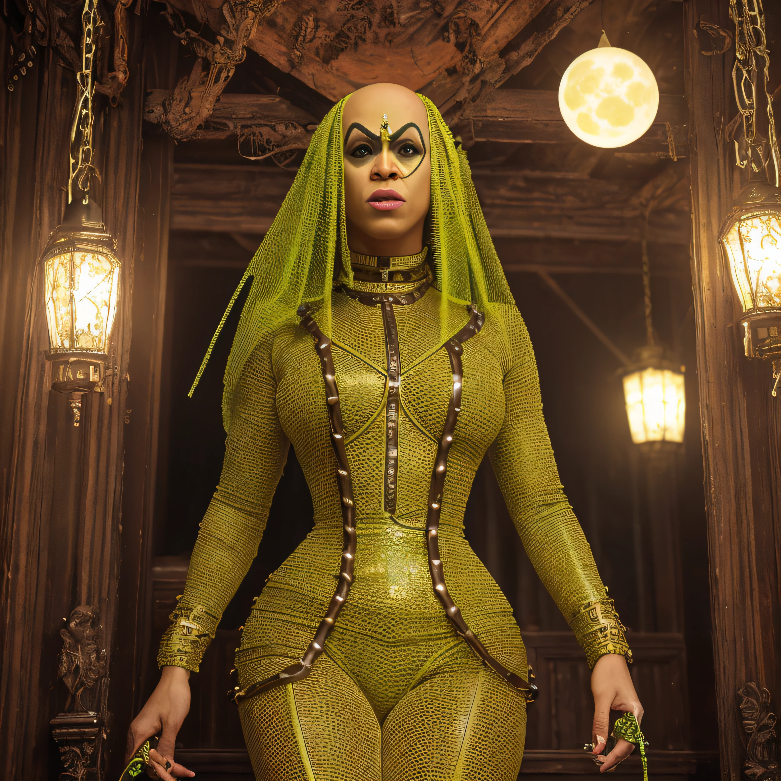 Beyonce bald, dressed as the hellraiser character, leather bodice, green crocodile eyes, bare legs, serious face, large and bright white and yellow moons, crucifixes thrown on the old wooden floor stained with red paint, antique furniture, streams of light, intricate image, haunted house, white people chained in a sinistic and old tree, full body image, best quality, masterpiece, high resolution, 8k, hyper-realistic image, professional photo, realistic image, full body view, bottom-up angles