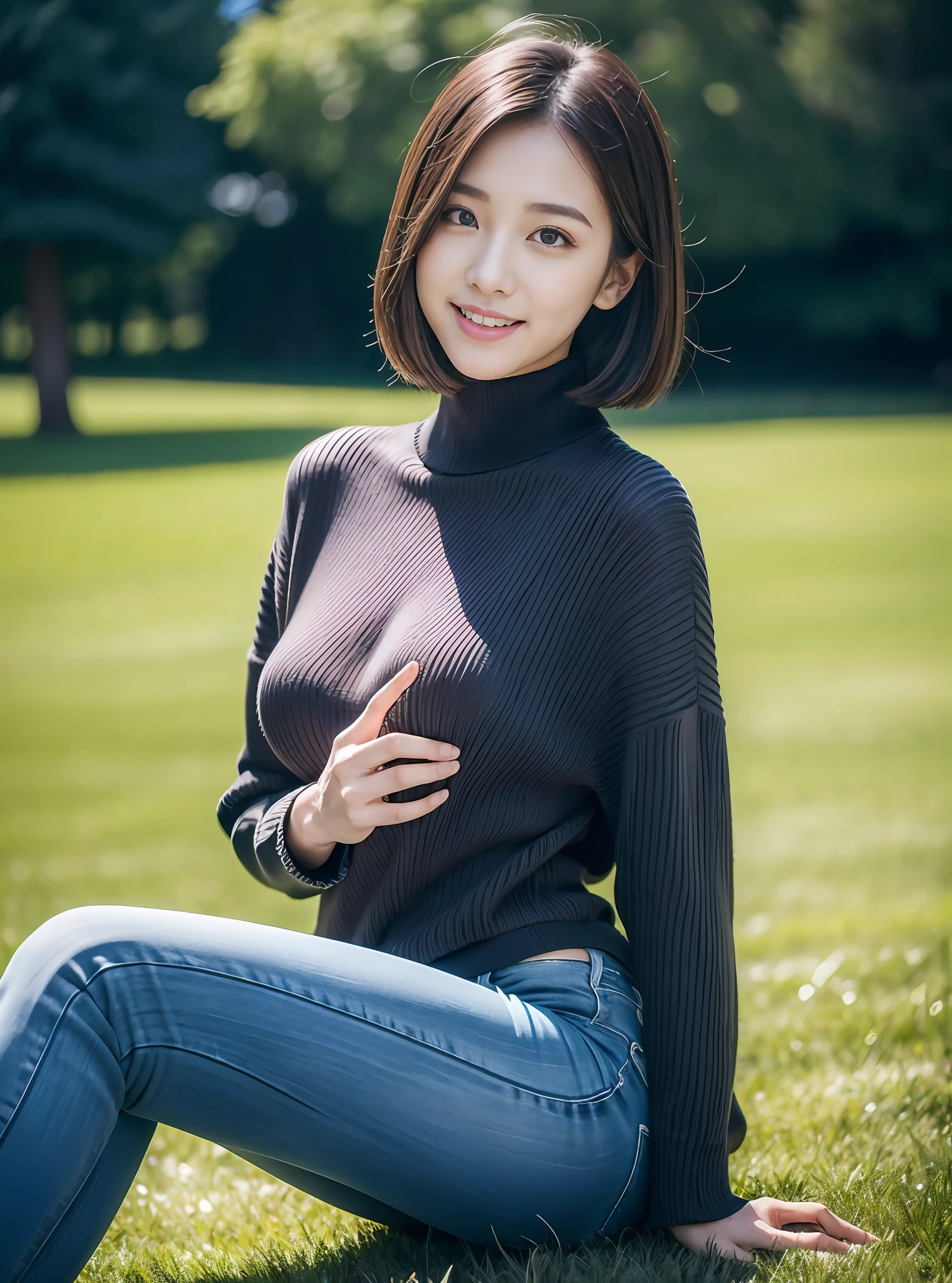 (rain, grassy fields: 1.3), 1 beautiful woman taking pictures on the grass,RAW photos,tmasterpiece,(highdetailskin:1.2),8k ultra high definition,digital SLR camera,gentlesoftlighting,high high quality,filmgrain,富士XT3,20 years old Asian woman,Dark gray skinny sweater(Slim,Fit snugly to the body,Show beautiful curves)and trendy jeans with open navels,Detailed clothing details:1.5,perfect body figure,Perfect breasts and nipple bulge,The calves are straight and slender,((Branded fashion travel shoes:1.5)),Melon seed face,short detailed hair,Super detailed facial details and skin,Fair face and fair skin,二重まぶた,Super detailed eyes,A sweet smile,Beautiful accessories,detailed finger,(Gloss on lips, eyeslashes, Glossy face, Best quality, Super high resolution, warm color,Wide lighting, naturalshadow), Sit on the grass and play,Pose coquettishly,Show off your sexy figure, Full body shooting: 1.8