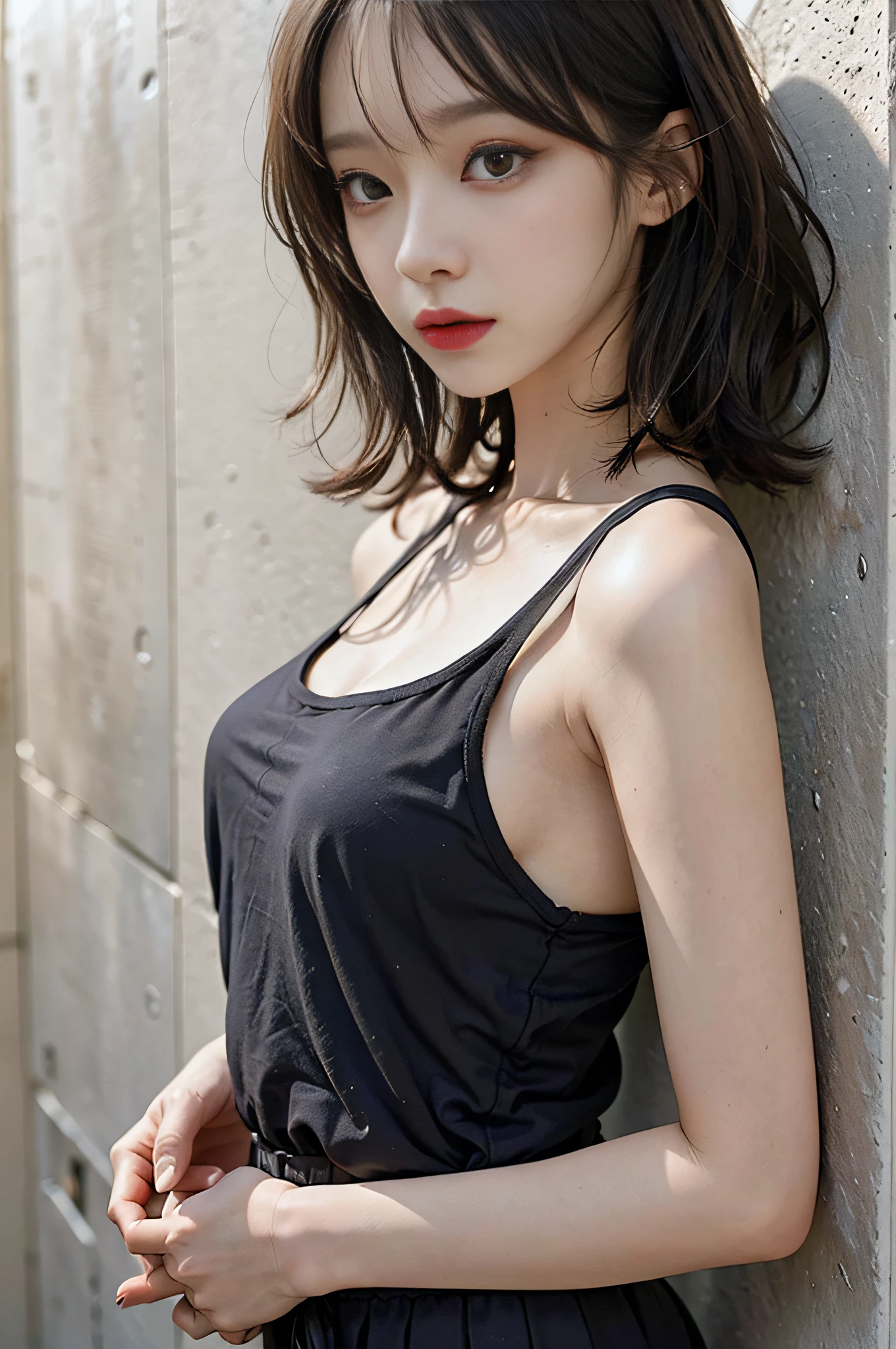 Top image quality、Raw photography、超A high resolution、Cute girl at 18 years old、Shooting for one person only、big round chest、Black tank top、Beautiful Eyes of Details、very elongated eyes、Beautiful eyelashes、Beautiful double eyelids、white walls、Beautiful waist、a short bob