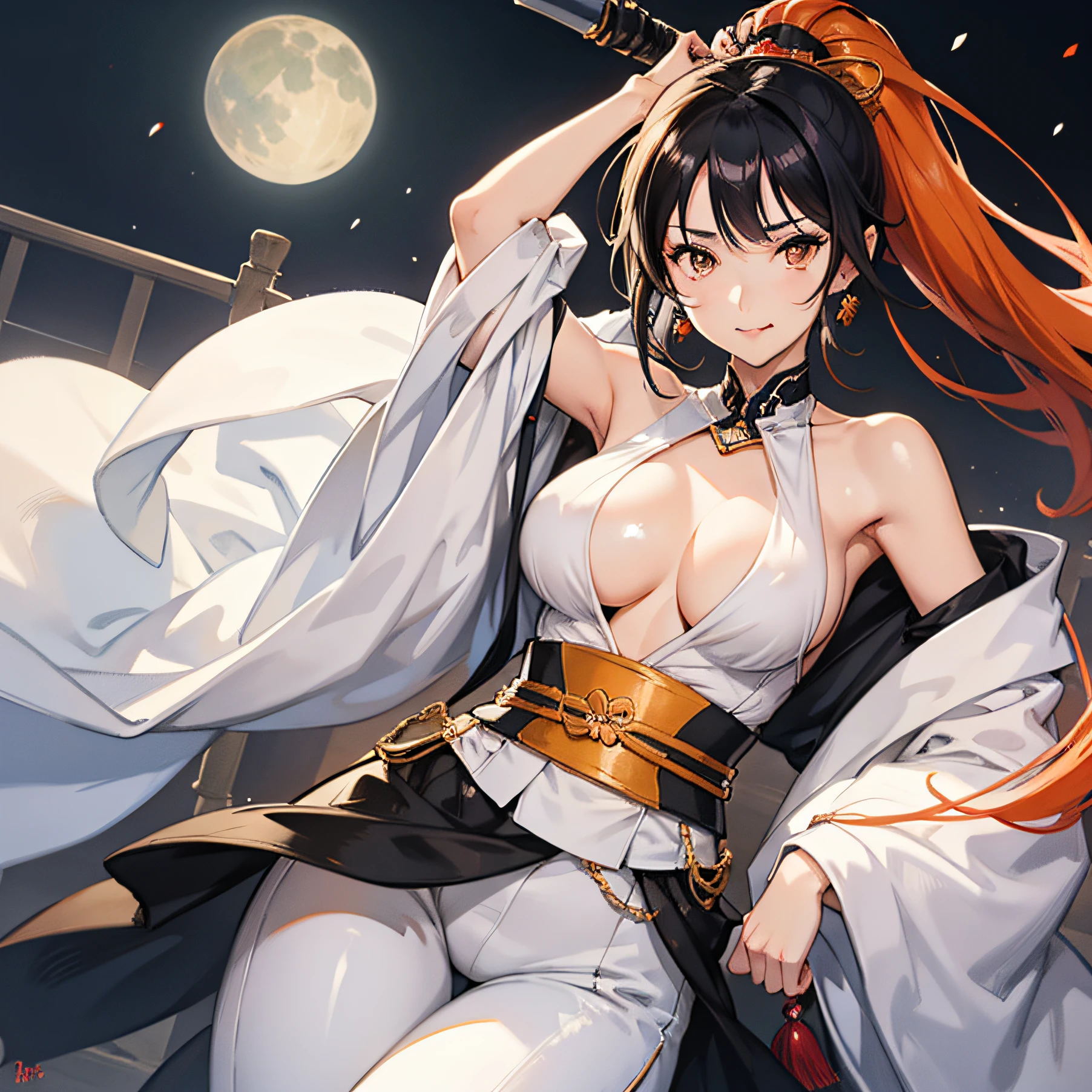 Arab asian woman in white top and black pants leaning against fence, mayuri shiina, Yasumoto Oka, stunning appealing figure, Ayami, Young Sensual Gravure Idol, deayami kojima, Young skinny gravure idol, Revealing clothes, Young Pretty Gravure Idol, sui ishida with black hair, Japanese Models, ukiyoe painting、Combat Robots、Woman in the back、thick eyebrow、Orange hair、Too eyebrows、put out the tongue