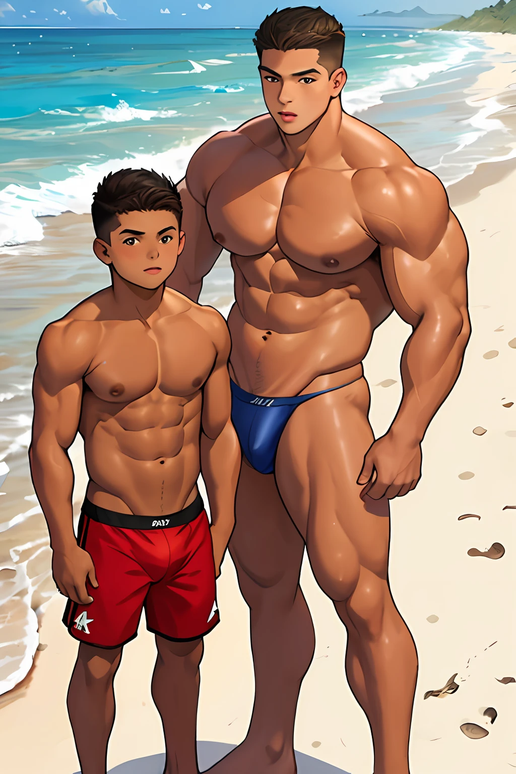 A two (2boys) teens nakeds in the beach of  (Mexican ethnicity) tan skin massive muscular bodybuilder with extraordinary biceps pectorals triceps traps, plump, Gigachad, naked