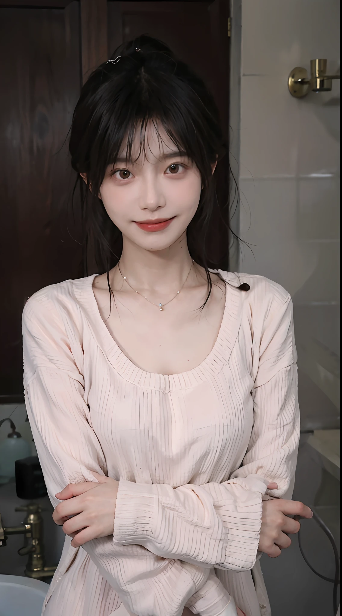 best qualtiy,tmasterpiece,超高分辨率,(realisticlying:1.4),2girls,Red sweater dress,Red sweater dress,self-shot,Large wavy curls,Goose egg face,Enchanted smile,二重まぶた,A pair of peach blossom eyes,,Pure,choker necklace,adolable,Translucent skin,head straight-looking at viewer,浴室,taking a shower,Full of atmosphere,hair pin:1.4,(The upper part of the body:1.4),