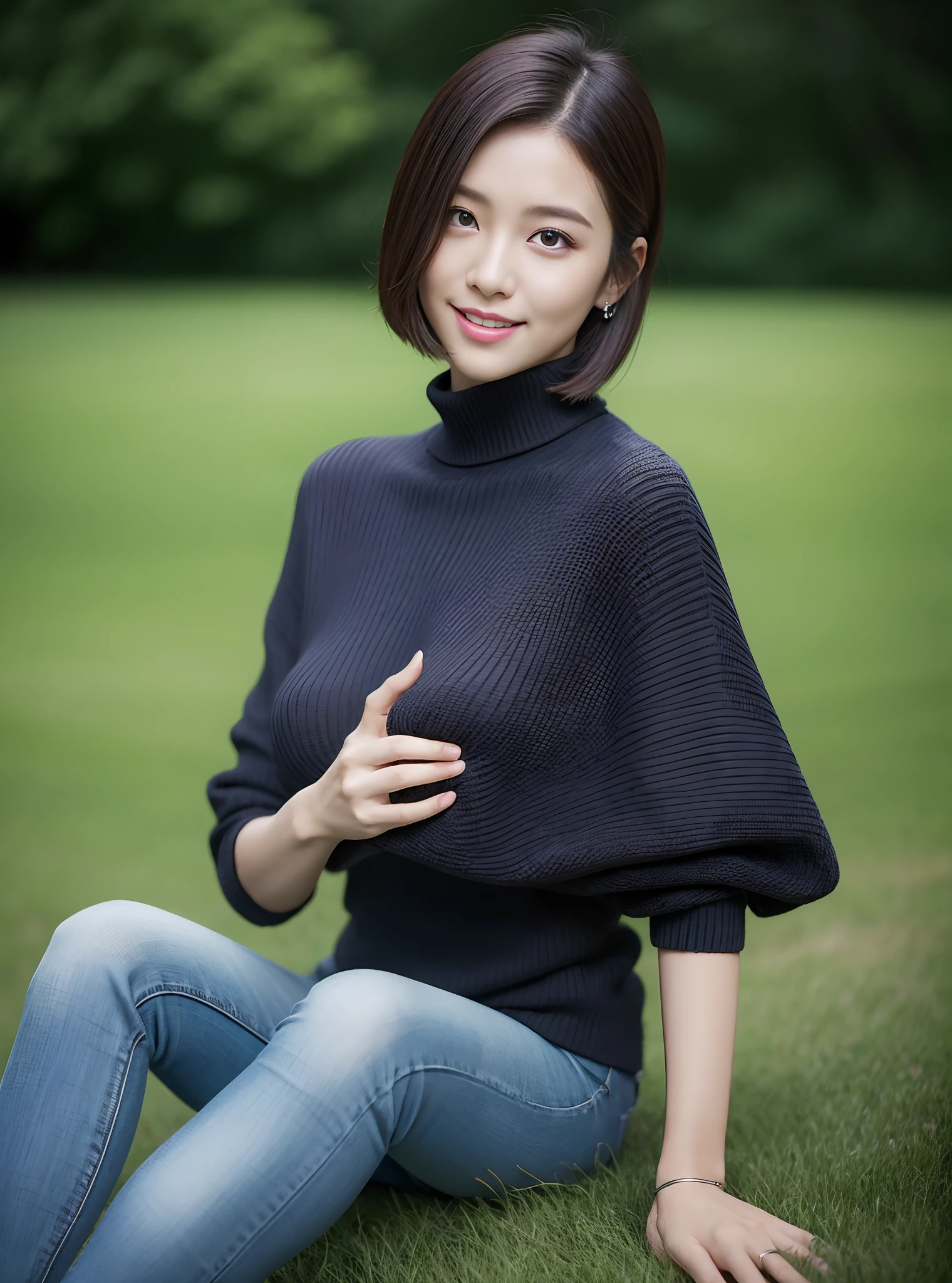 (rain, grassy fields: 1.3), 1 beautiful woman taking pictures on the grass，RAW photos，tmasterpiece，（highdetailskin：1.2），8k ultra high definition，digital SLR camera，gentlesoftlighting，high high quality，filmgrain，富士XT3，20 years old Asian woman，Dark gray skinny sweater（Slim，Fit snugly to the body，Show beautiful curves）and trendy jeans with open navels，Detailed clothing details:1.5，perfect body figure，Perfect breasts and nipple bulge，The calves are straight and slender，（（Branded fashion travel shoes:1.5）），Melon seed face，short detailed hair，Super detailed facial details and skin，Fair face and fair skin，二重まぶた，Super detailed eyes，A sweet smile，Beautiful accessories，(Gloss on lips, eyeslashes, Glossy face, Best quality, Super high resolution, warm color，Wide lighting, naturalshadow), Sit on the grass and play，Pose coquettishly，Show off your sexy figure， Full body shooting: 1.8