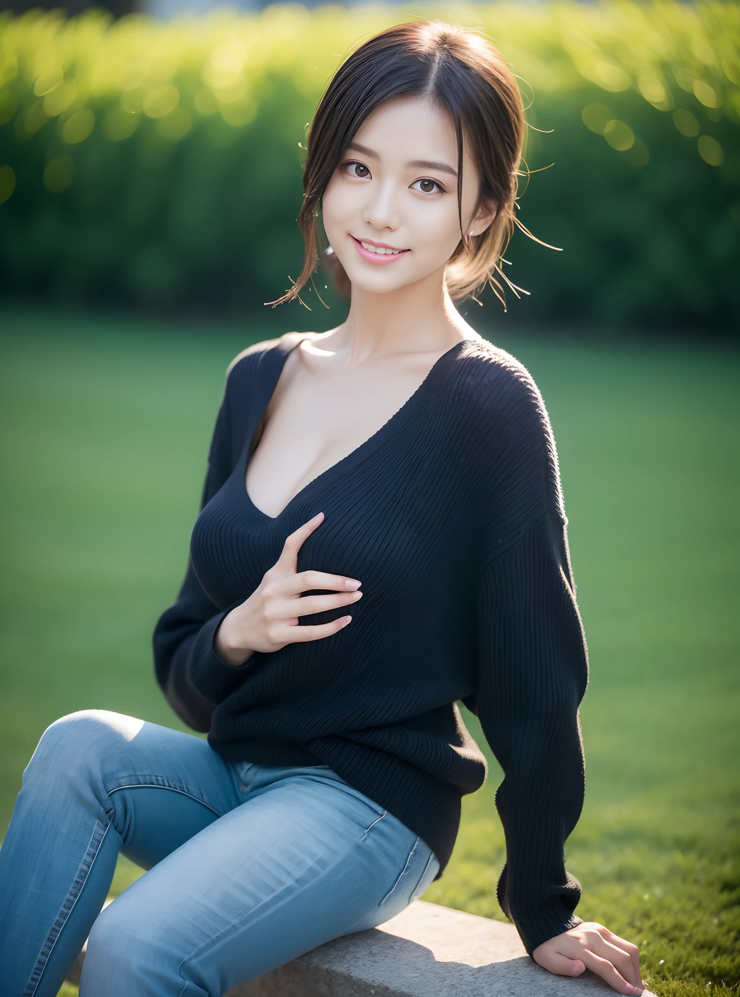 (rain, grassy fields: 1.3), 1 beautiful woman taking pictures on the grass，RAW photos，tmasterpiece，（highdetailskin：1.2），8k ultra high definition，digital SLR camera，gentlesoftlighting，high high quality，filmgrain，富士XT3，20 years old Asian woman，Dark gray skinny sweater（Slim，Fit snugly to the body，Show beautiful curves）and trendy jeans with open navels，Detailed clothing details:1.5，perfect body figure，Perfect breasts and nipple bulge，The calves are straight and slender，（（Branded fashion travel shoes:1.5）），Melon seed face，short detailed hair，Super detailed facial details and skin，Fair face and fair skin，二重まぶた，Super detailed eyes，A sweet smile，Beautiful accessories，(Gloss on lips, eyeslashes, Glossy face, Best quality, Super high resolution, warm color，Wide lighting, naturalshadow), Sit on the grass and play，Pose coquettishly，Show off your sexy figure， Full body shooting: 1.8