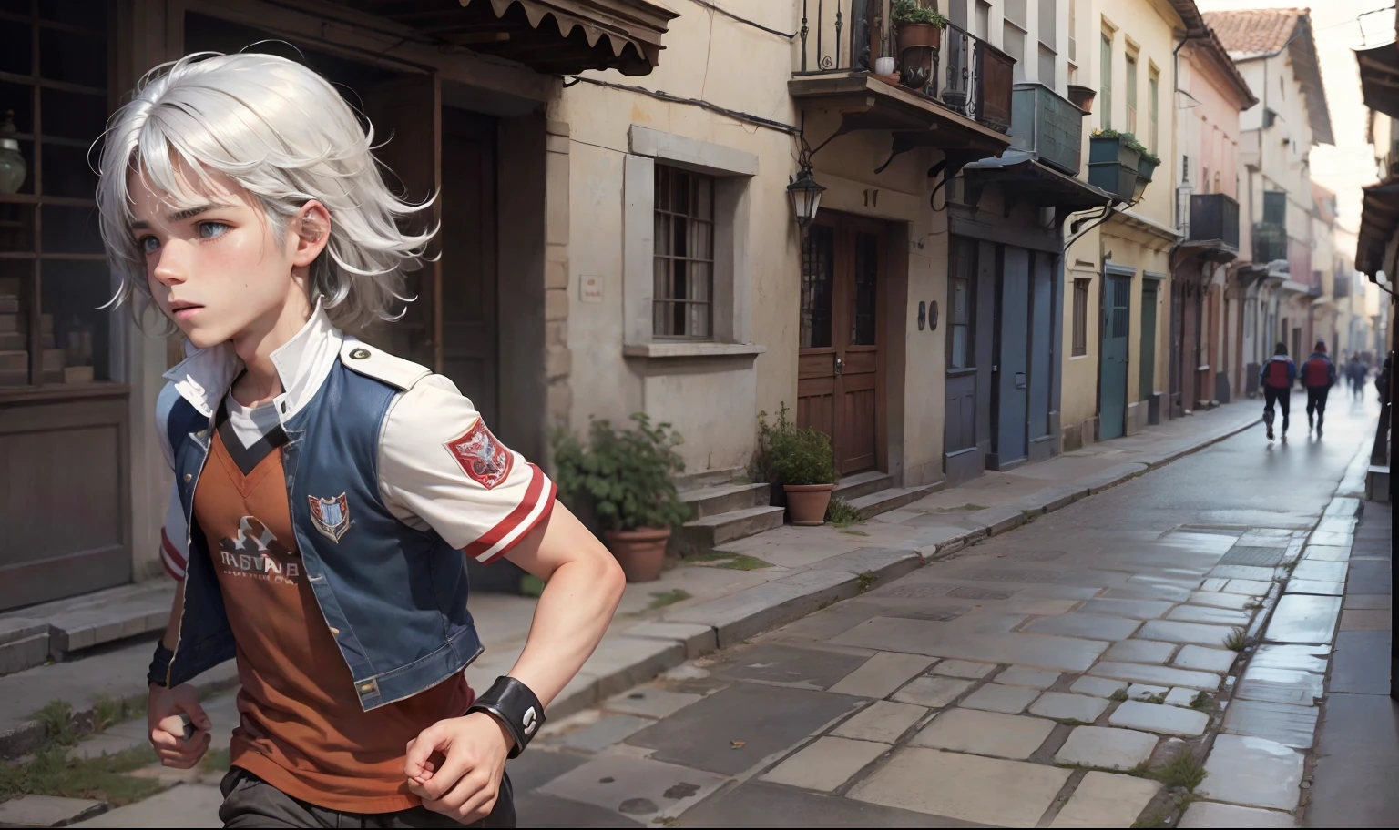 A young man runs through the village looking for his brother is  and has silver hair. y tiene puesto uniforme de la secundaria