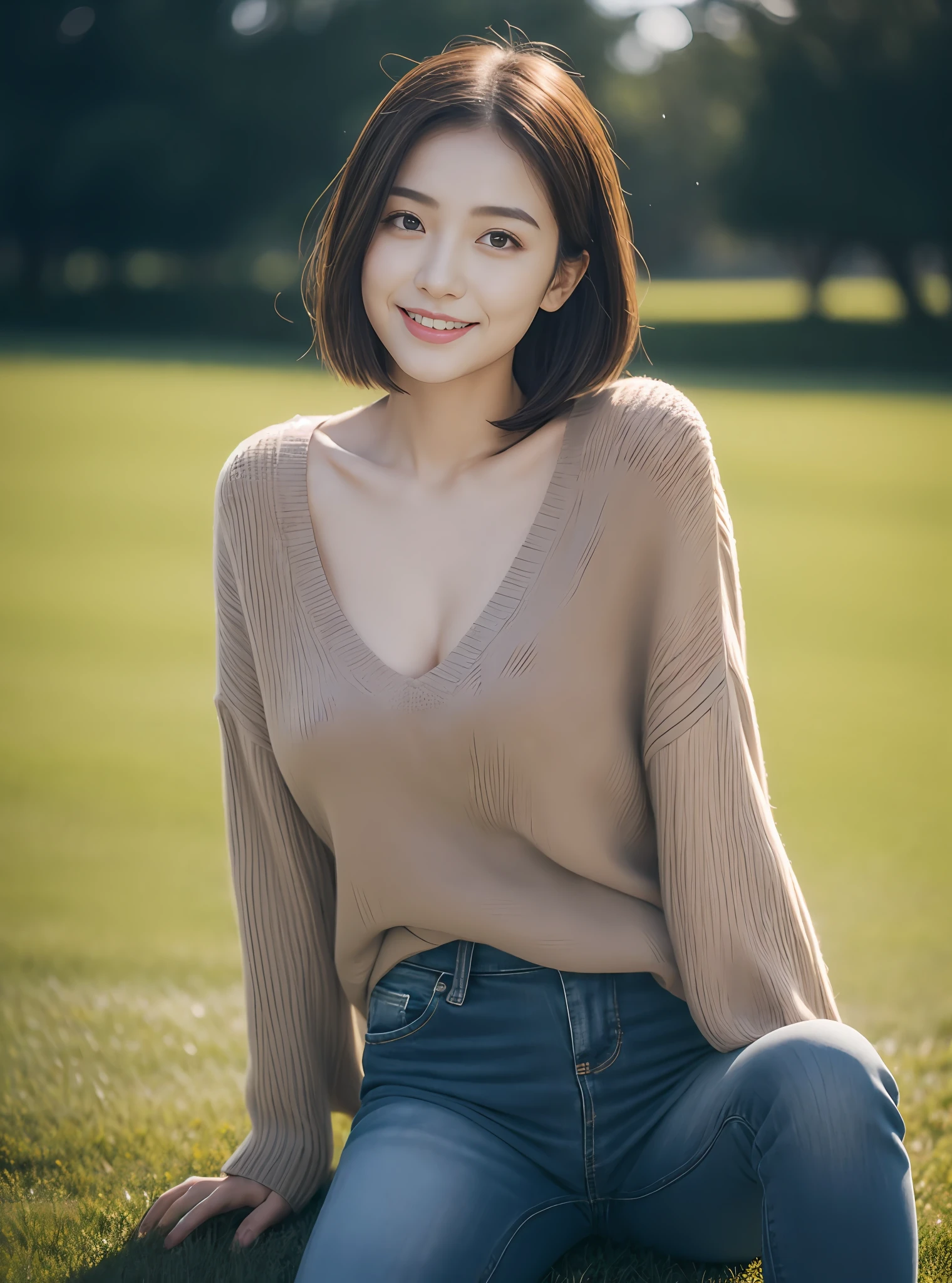 (rain, grassy fields: 1.3), 1 beautiful woman taking pictures on the grass，RAW photos，tmasterpiece，（highdetailskin：1.2），8k ultra high definition，digital SLR camera，gentlesoftlighting，high high quality，filmgrain，富士XT3，20 years old Asian woman，Dark gray skinny sweater（Slim，Fit snugly to the body，Show beautiful curves）and trendy jeans with open navels，Detailed clothing details:1.5，perfect body figure，Perfect breasts and nipple bulge，The calves are straight and slender，（（Branded fashion travel shoes:1.5）），Melon seed face，short detailed hair，Super detailed facial details and skin，Fair face and fair skin，二重まぶた，Super detailed eyes，A sweet smile，Beautiful accessories，(Gloss on lips, eyeslashes, Glossy face, Best quality, Super high resolution, warm color，Wide lighting, naturalshadow), Sit on the grass and play，Pose coquettishly，Show off your sexy figure， Full body shooting: 1.8