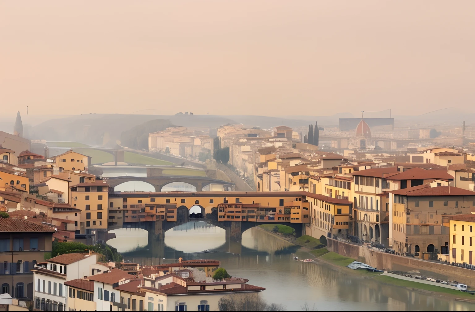 arafed view of a city with a bridge over a river, florence, italian mediterranean city, italy, overlooking river aufidius italy, surrounding the city, in a city with a rich history, southern european scenery, italian masterpiece, beautiful city, filippo brunelleschi, italian masterpieces, fantasy italy, beautiful view, nice view, renaissance
