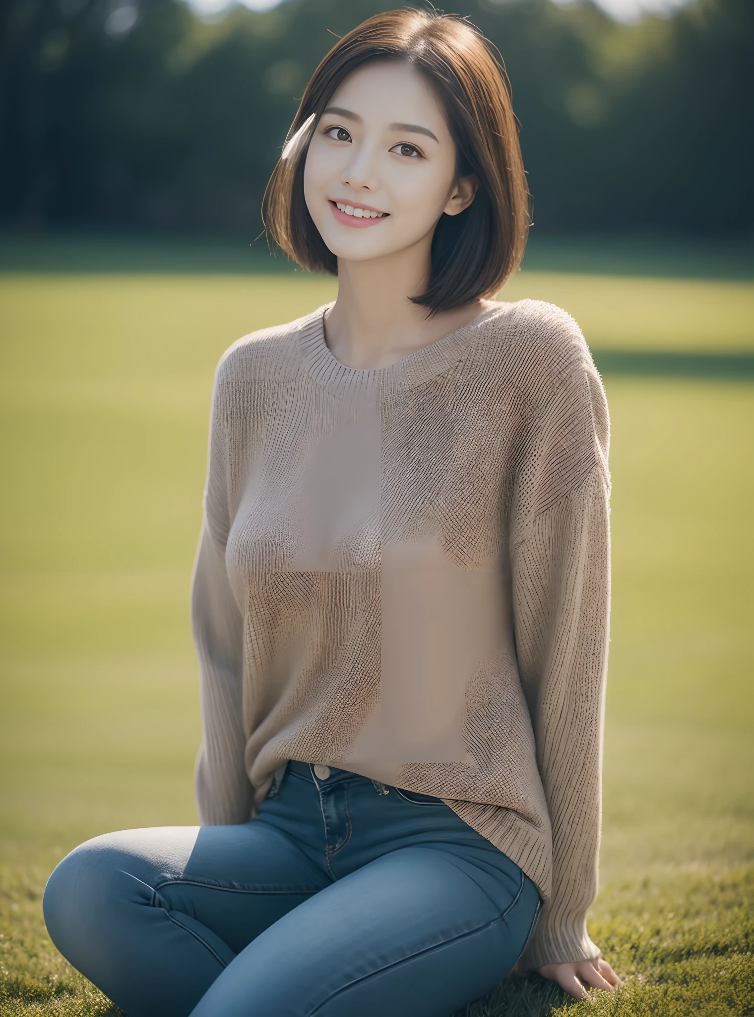 (rain, grassy fields: 1.3), 1 beautiful woman taking pictures on the grass,RAW photos,tmasterpiece,(highdetailskin:1.2),8k ultra high definition,digital SLR camera,gentlesoftlighting,high high quality,filmgrain,富士XT3,20 years old Asian woman,Dark gray skinny sweater(Slim,Fit snugly to the body,Show beautiful curves)and trendy jeans with open navels,Detailed clothing details:1.5,perfect body figure,Perfect breasts and nipple bulge,The calves are straight and slender,((Branded fashion travel shoes:1.5)),Melon seed face,short detailed hair,Super detailed facial details and skin,Fair face and fair skin,二重まぶた,Super detailed eyes,A sweet smile,Beautiful accessories,(Gloss on lips, eyeslashes, Glossy face, Best quality, Super high resolution, warm color,Wide lighting, naturalshadow), Sit on the grass and play,Pose coquettishly,Show off your sexy figure, Full body shooting: 1.8