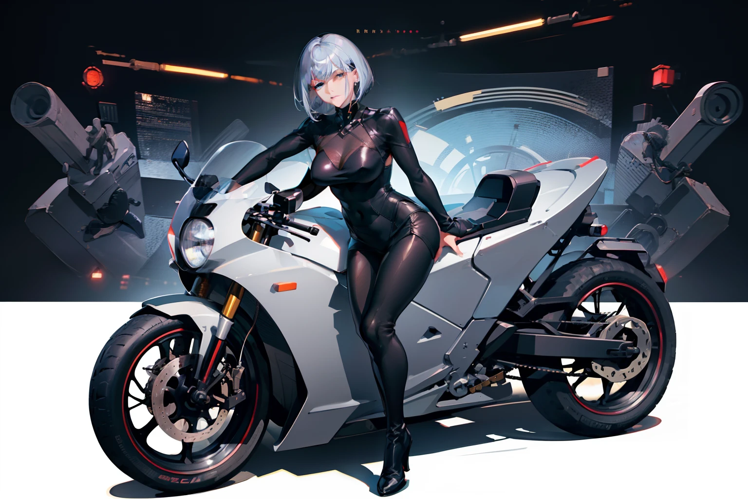 (((独奏)))、Woman on a motorcycle、Royal Enfield、Gray Hair Bob、long boots、Black Suit、intense action、Fancy effects、cyberpunked、natta、spot light、Beautiful eyes、Beautiful skins、(((masterpiece)))、Fancy details、Fancy effects、Fancy backgrounds、SLR、4K