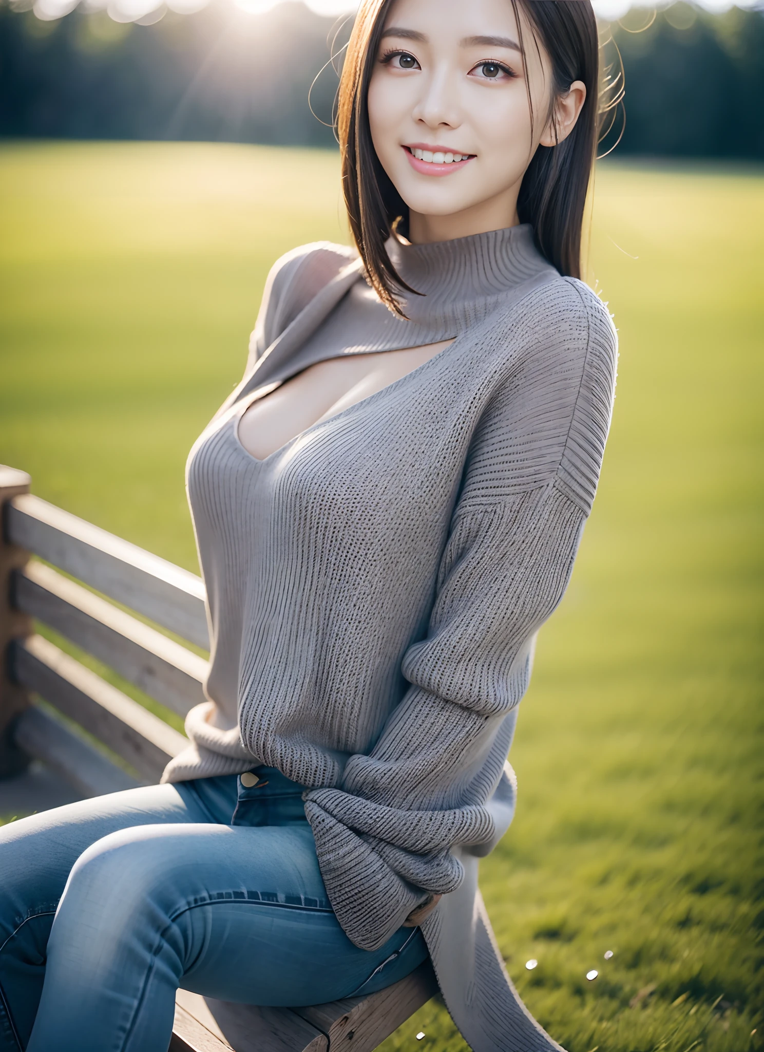 (realistic, photo-realistic:1.4),(masterpiece, best quality:1.2), RAW photo, high resolution, intricate details, extremely detailed, realistic and sharp details, cinematic lighting, portrait, frontal photography, solo, 1girl, a Japanese woman, (seductive pose), dark hair, slender body, (smaller face:1.2), (detailed face, detailed eyes, sophisticated nose), pale skin, fine-textured skin, collarbone, (huge breasts, round breasts:1.2), (loose sweater minidress, seductive dress, plunging neckline, thighhigh, thighs), necklace, jewelry, (holding a dildo:1.5), photo background, outdoors, nature, grass field, windy, daytime,,,