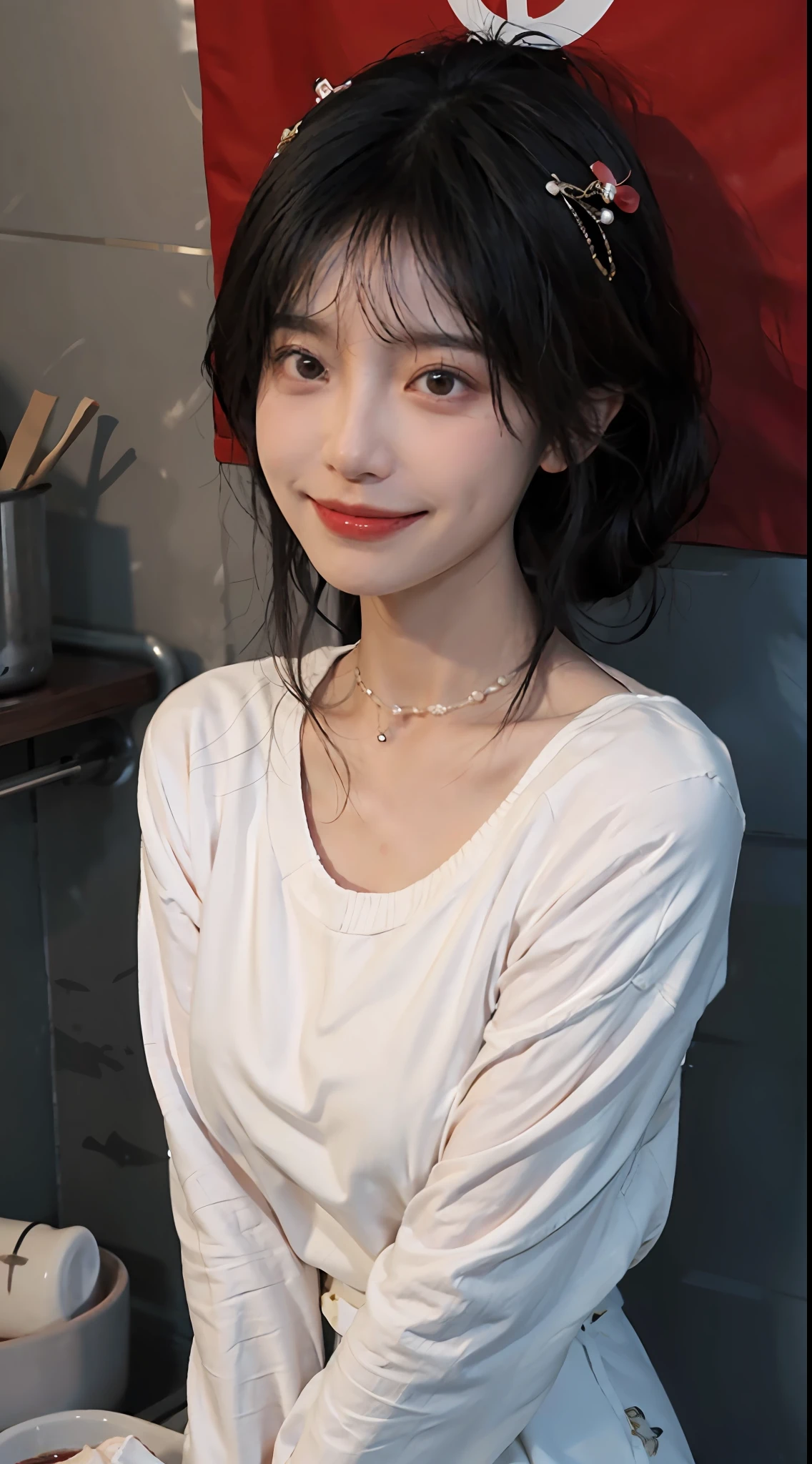 best qualtiy,tmasterpiece,超高分辨率,(realisticlying:1.4),2girls,Red sweater dress,Red sweater dress,self-shot,Large wavy curls,Goose egg face,Enchanted smile,二重まぶた,A pair of peach blossom eyes,,Pure,choker necklace,adolable,Translucent skin,head straight-looking at viewer,浴室,taking a shower,Full of atmosphere,hair pin:1.4,(The upper part of the body:1.4),