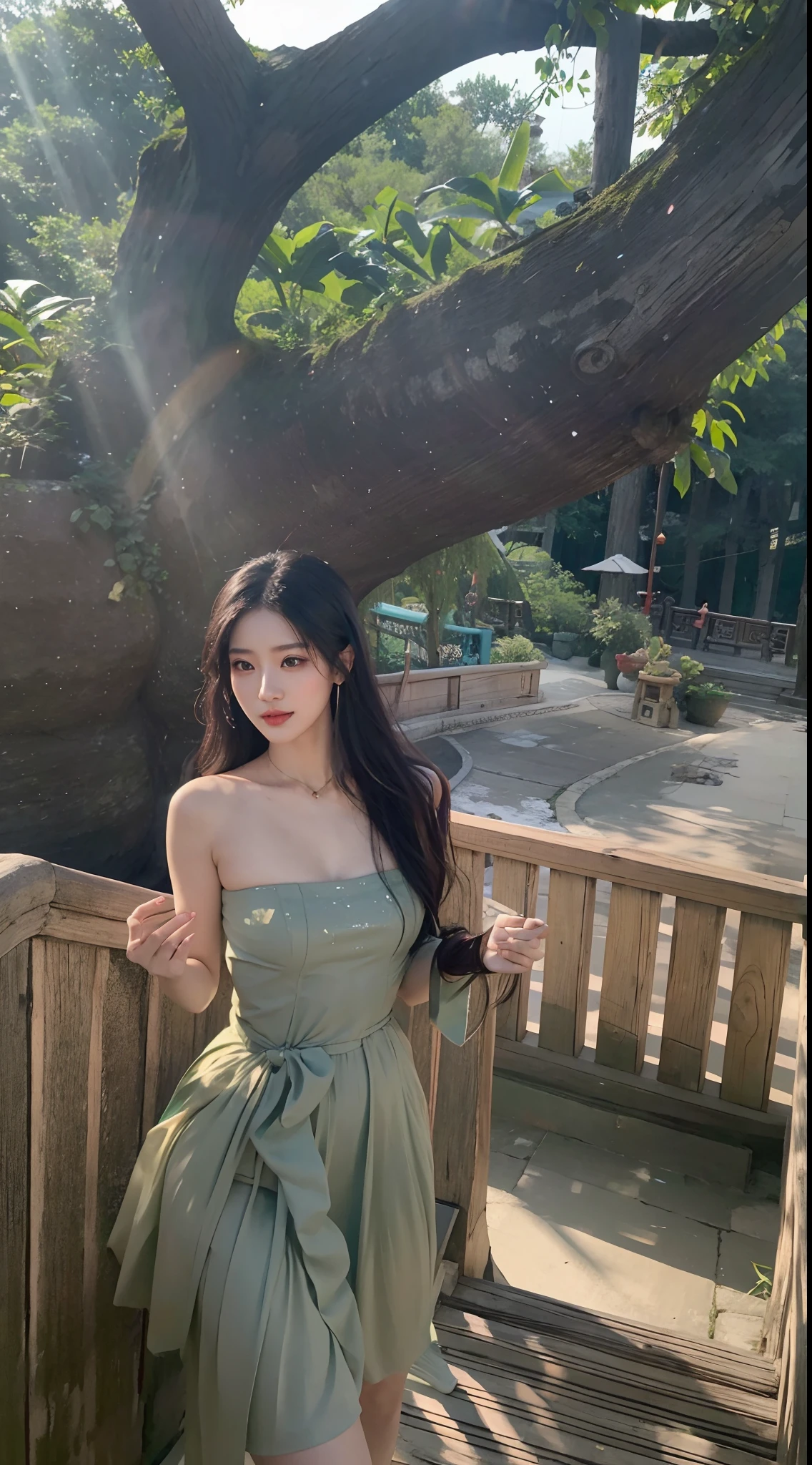 Arakfi woman in a green dress standing on a wooden railing, gorgeous chinese models, Bandeau Dress, ulzzangs, xintong chen, full-body xianxia, pale snow-white skin, xision wu, wenfei ye, hot with shining sun, beautiful Korean women, Gorgeous young Korean woman, Chinese girl, very beautiful elven top model