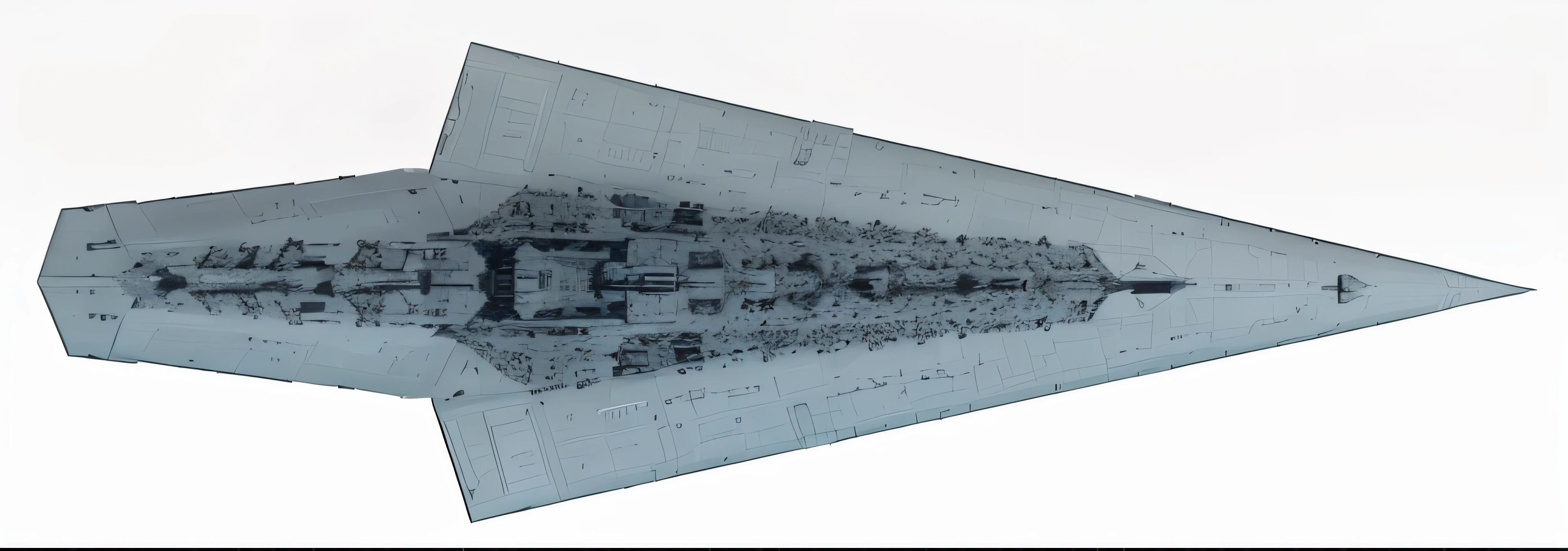 There is a large black and white picture of a large aircraft, Executor-class Star Destroyer, Star Destroyer, cross section, spaceship hull texture, Star Destroyer, ,  ancient space ship, gigantic scale, ussg ishimura, an intact ancient alien ship, euclid class, side view of a gaunt，Extreme symmetry，Crazy symmetry，Unmatched symmetry，Extremely detailed，Flat smooth surface