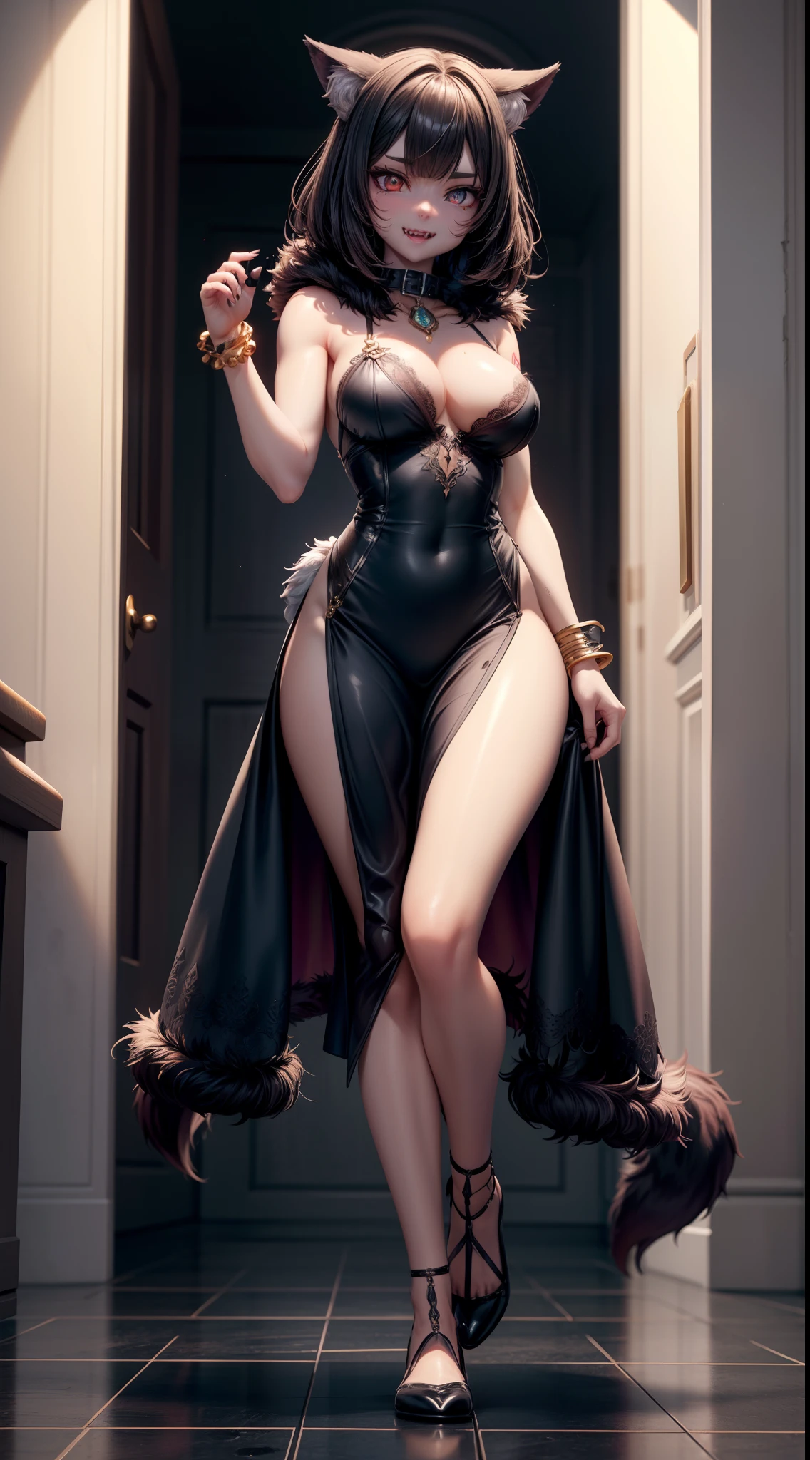 werewolf girl, ((fluffy skin)), paws on foots, fluffy fur on body, ((fangs)), bracelets, metal collar, extremely_detailed_(lacy, fur, silk, satin)_(dress, clothing, skirt), detailed face, detailed beautiful shiny eyes, slit pupils, metallic reflections, (tatooed, marked)_fit_muscular_body, (((1girl))), portrait, (full body), natural breasts, medium length hair, masterpiece, best quality, beautiful and aesthetic:1.2, fractal art:1.4, 16K, HDR, RTX, Ray Tracing, Radiosity, Anisotropic Filtering, Subsurface Scattering