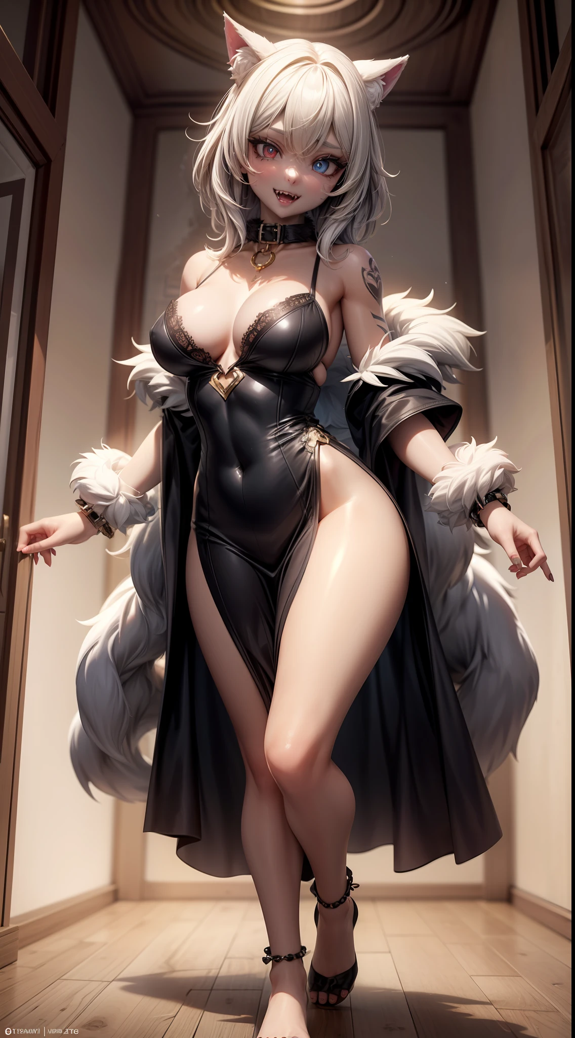 werewolf girl, ((fluffy skin)), paws on foots, fluffy fur on body, ((fangs)), bracelets, metal collar, extremely_detailed_(lacy, fur, silk, satin)_(dress, clothing, skirt), detailed face, detailed beautiful shiny eyes, slit pupils, metallic reflections, (tatooed, marked)_fit_muscular_body, (((1girl))), portrait, (full body), natural breasts, medium length hair, masterpiece, best quality, beautiful and aesthetic:1.2, fractal art:1.4, 16K, HDR, RTX, Ray Tracing, Radiosity, Anisotropic Filtering, Subsurface Scattering