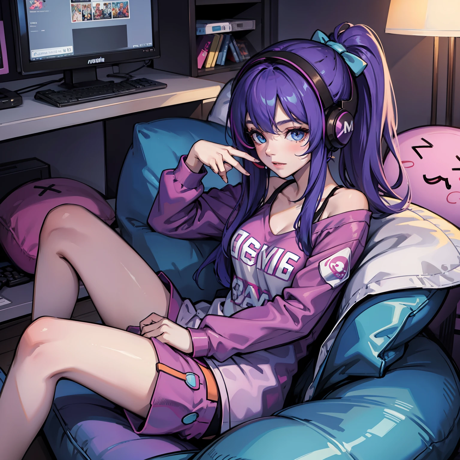 Stylish game room、Gaming PC、Girl wearing headset、Colorful loungewear