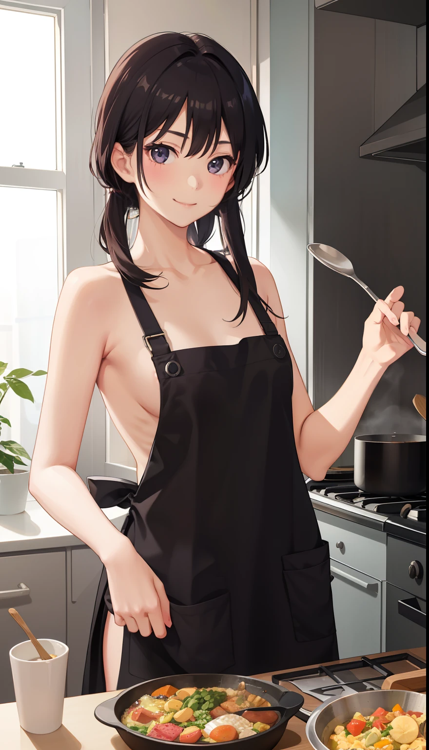 1girl in、A smile、Cooking in your room、barechested、Wearing only an apron、((small tits))、
