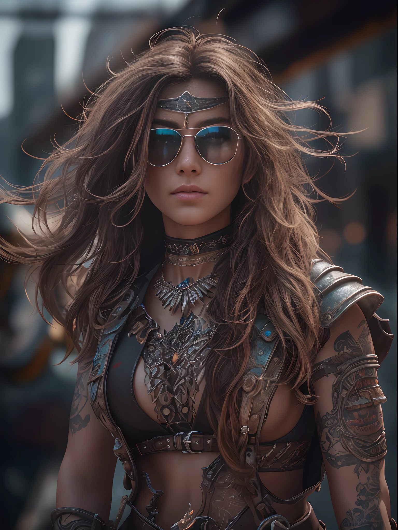 a hyper realistic ultra detailed photograph of a futuristic beautiful barbarian woman wearing sunglasses at a dystopian city, tattered outfit with rusty metal armor plates, long wild hair, tattooed hands and body, fashion pose, detailed symmetric beautiful hazel eyes, detailed gorgeous face, apocalyptic environment, exquisite detail, 30-megapixel, 4k, Canon EOS 5D Mark IV DSLR, 85mm lens, sharp focus, intricately detailed, long exposure time, f/8, ISO 100, shutter speed 1/125, diffuse back lighting, award winning photograph, facing camera, looking into camera, monovisions, perfect contrast, High sharpness, facial symmetry, depth of field, ultra-detailed photography, raytraced, global illumination, TanvirTamim, smooth, ultra high definition, 8k, unreal engine 5, ultra sharp focus, award-winning photograph, trending on artstation