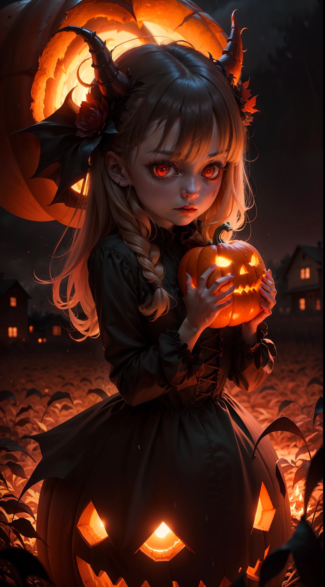 a pumpkin demon, demonic, straw, night, fall weather, dark, creepy, cornfield, field on fire, rain, glowing red eyes, horror, scary,