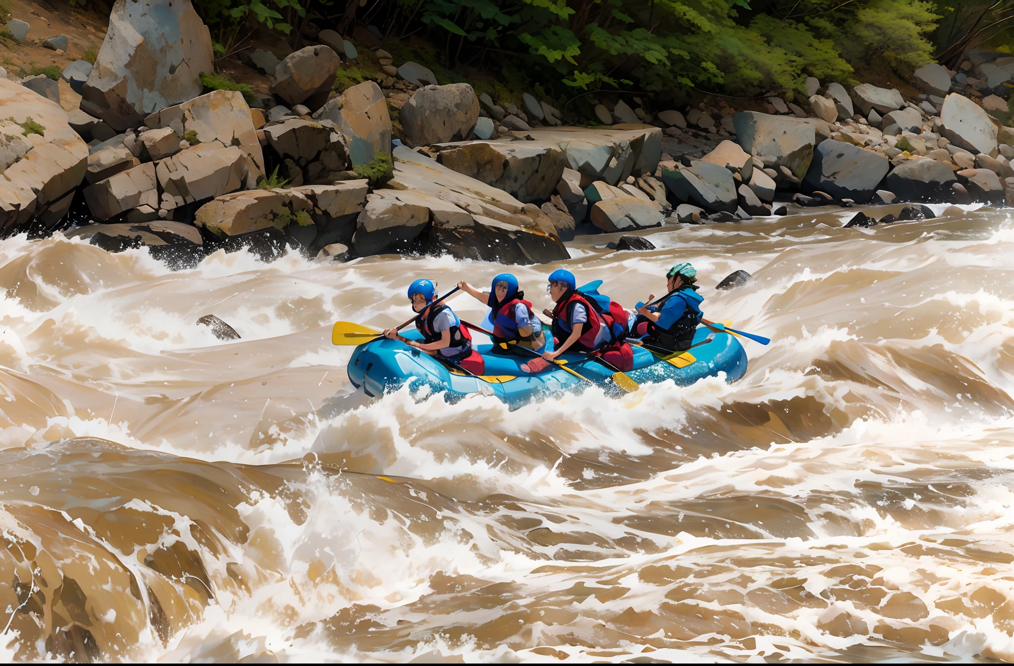 digital ilustration, Alto detalle, colores vivos, altos brillos y contrastes, of several people rafting down the river on a raft, Whitewater rapids, River rapids, aguas bravas, catarata, Massif River, mirada intensa, intenso, rio detallado, rio color azul brillante, agua color azul, colores vibrantes, al fondo se ve la orilla del rio llena de rocas, canotaje extremo, personas detalladas