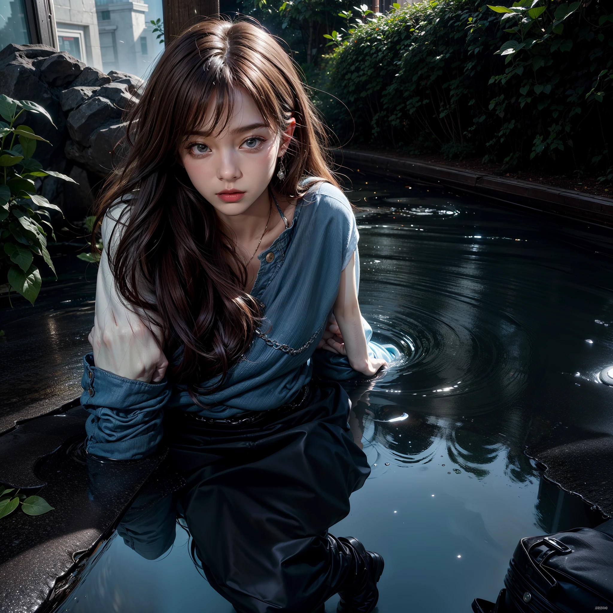 ((Masterpiece: 1.2, Best Quality)),Movie,Official Art,Promotional Art,Movie Wallpaper,White Background,Full Body,Concept Art,Turnaround,Reference Sheet,Art,Background,Outdoor,Original,Raw Photo,Hi-Res, (Realistic, Photorealistic:1.2),Ultra Detailed, Physically Based Rendering,1 Boy, Machine, Puddle, Reflection,