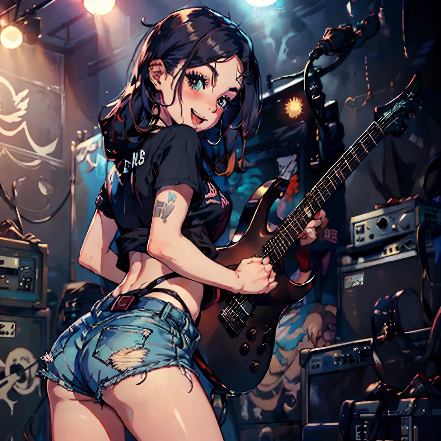 (Masterpiece), 1girl, solo, looking at viewer, indoors, club, guitar, sexy, thick thighs, wide hips, smile, open mouth, embarrassed, blushing, ((from behind)), ass, ripped jeans, jorts, shorts, punk, makeup, rockstar, small breasts, stage, spotlight