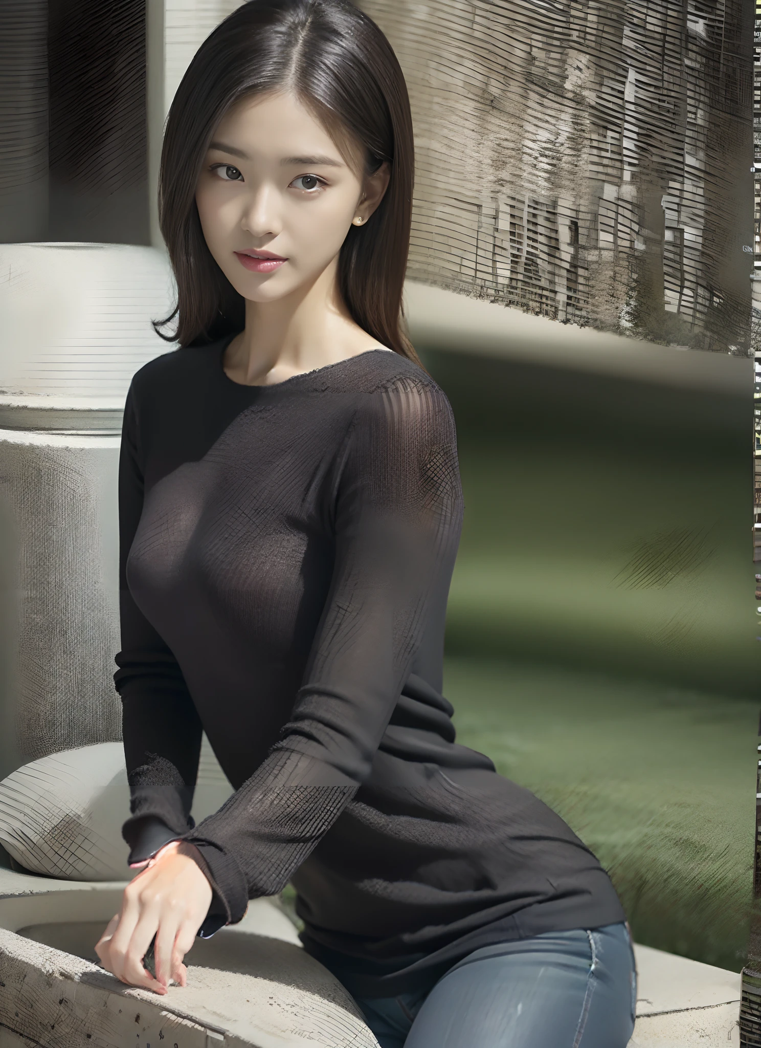 (rain, grassy fields: 1.3), 1 beautiful woman taking pictures on the grass，RAW photos，tmasterpiece，（highdetailskin：1.2），8k ultra high definition，digital SLR camera，gentlesoftlighting，high high quality，filmgrain，富士XT3，20 years old Asian woman，Dark gray skinny sweater（Slim，Fit snugly to the body，Show beautiful curves）and trendy jeans with open navels，Detailed clothing details:1.5，perfect body figure，Perfect breasts and nipple bulge，The calves are straight and slender，（（Branded fashion travel shoes:1.5）），Melon seed face，bobo head，Super detailed facial details and skin，Fair face and fair skin，二重まぶた，Super detailed eyes，A sweet smile，Beautiful accessories，(Gloss on lips, eyeslashes, Glossy face, Best quality, Super high resolution, warm color，Wide lighting, naturalshadow), Sit on the grass and play，Pose coquettishly，Show off your sexy figure， Full body shooting: 1.8