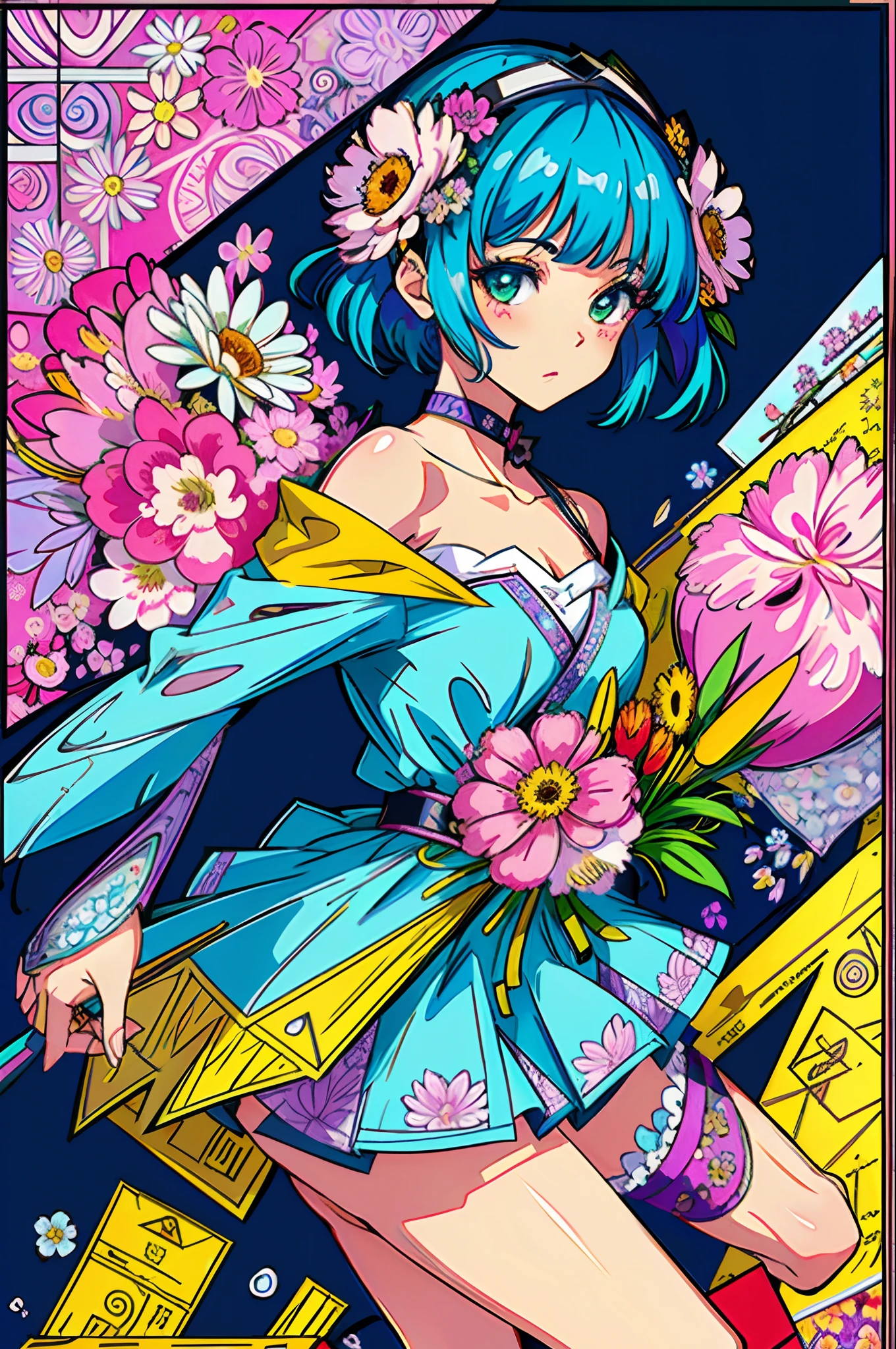 (ultra-detailed background, detailed background), absurdres, highres, ultra detailed, extremly detailed, 1girl, (bunch of flowers:1.3), (zentangle:1.2), (geometric:1.2),(colorful),