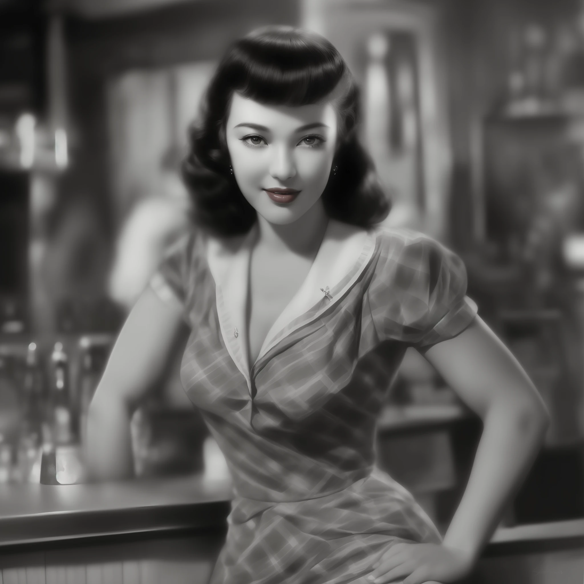 retrato de corpo inteiro de Betty Page, sozinha (vestido marinheiro curto, anos 1940, altamente detalhado: 1,5), (rosto fino altamente detalhado: 1,5), (penteado anos 1940, corte pompadour: 1,5), (corpo magro esguio, seios grandes, quadris pequenos: 1,8), (leaning against a bar counter: 1.5), (fundo dentro de um bar escuro e antigo de big band dos anos 1940: 1.4), (soft studio lighting, volumetric shadows), JCH Street Pan, ISO 100