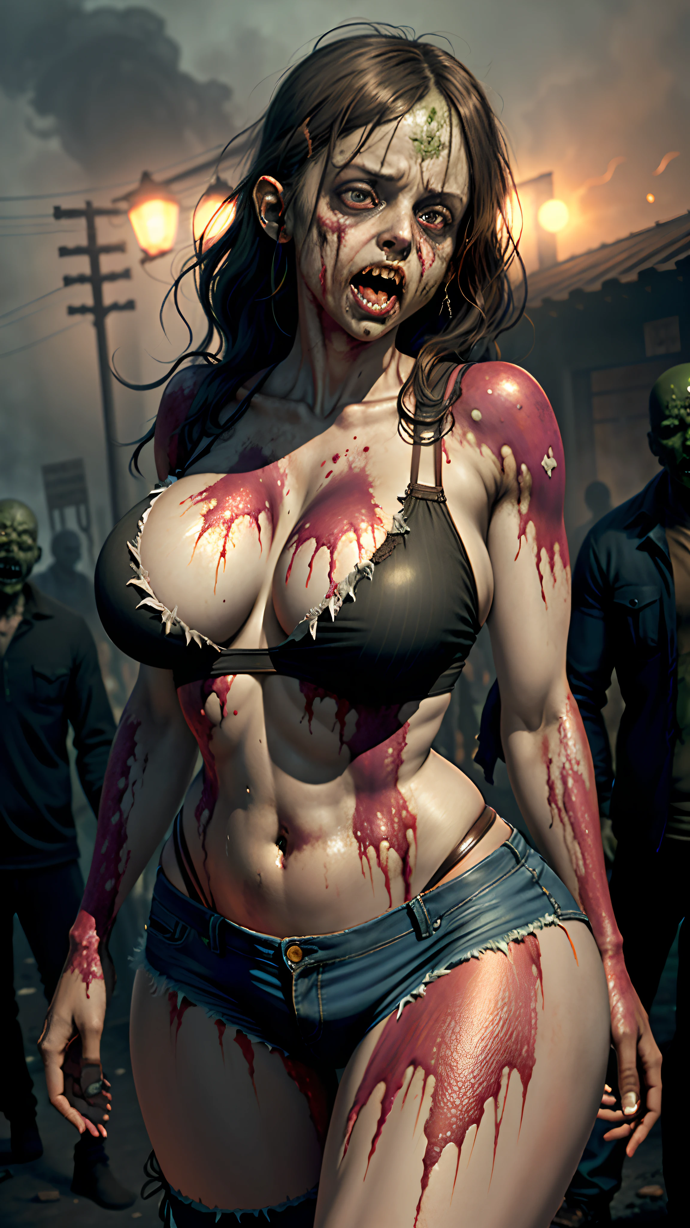 Garota zumbi quente ,Huge boobs Thin waist Wide hips Thick thighs Big ass curves Thincc zombie pose Torn clothes standing High angle Focus Erotic female face Open mouth Tongue out saliva looking at viewer Dirty body Blood stained body in a haunted house, Realismo