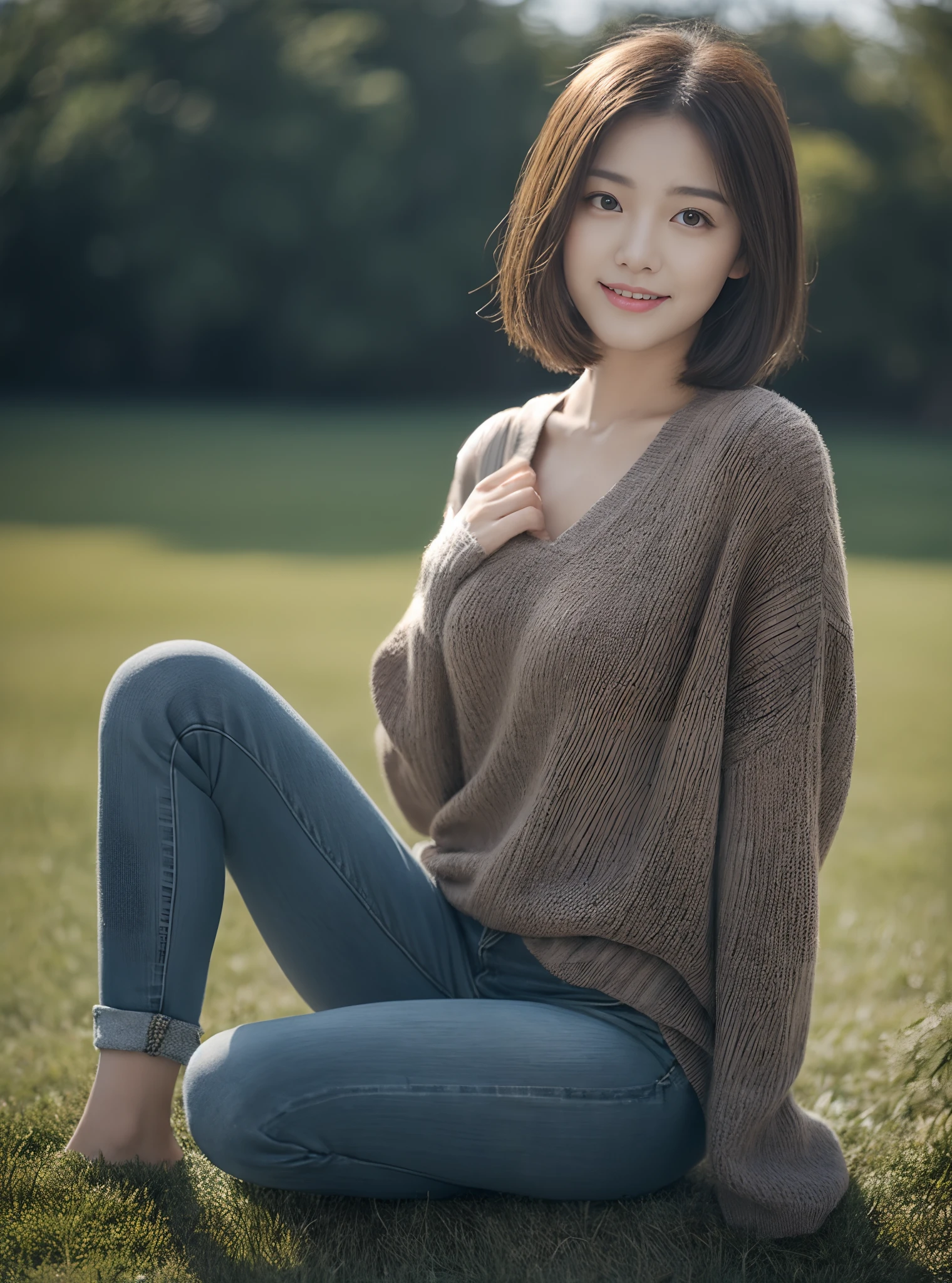 (rain, grassy fields: 1.3), 1 beautiful woman taking pictures on the grass,RAW photos,tmasterpiece,(highdetailskin:1.2),8k ultra high definition,digital SLR camera,gentlesoftlighting,high high quality,filmgrain,富士XT3,20 years old Asian woman,Dark gray skinny sweater(Slim,Fit snugly to the body,Show beautiful curves)and trendy jeans with open navels,Detailed clothing details:1.5,perfect body figure,Perfect breasts and nipple bulge,The calves are straight and slender,((Branded fashion travel shoes:1.5)),Melon seed face,short detailed hair,Super detailed facial details and skin,Fair face and fair skin,二重まぶた,Super detailed eyes,A sweet smile,Beautiful accessories,(Gloss on lips, eyeslashes, Glossy face, Best quality, Super high resolution, warm color,Wide lighting, naturalshadow), Sit on the grass and play,Pose coquettishly,Show off your sexy figure, Full body shooting: 1.8