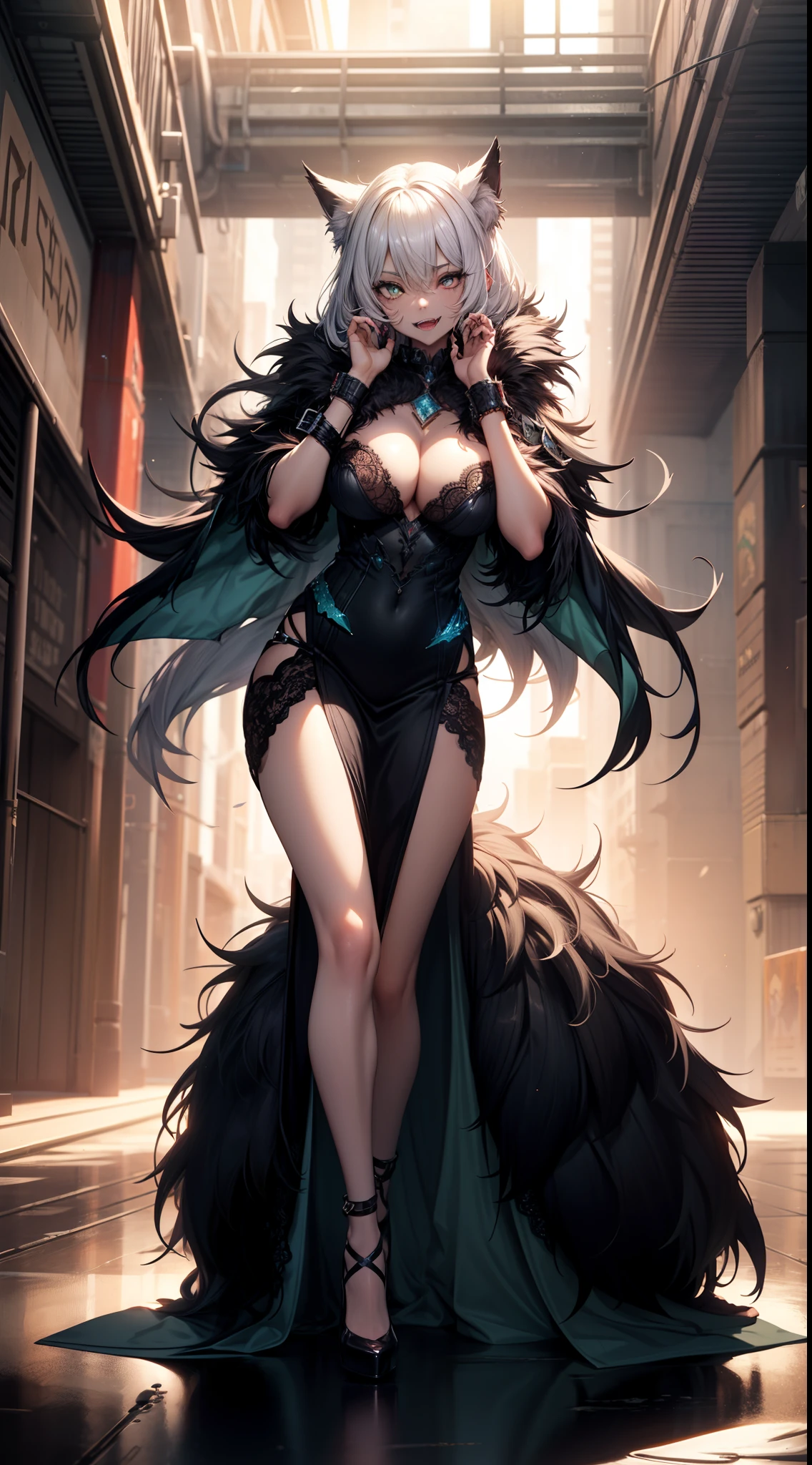 werewolf girl, ((fluffy skin)), paws on foots, fluffy fur on body, ((fangs)), ((claws)), huge metal bracelets, huge metal collar, grass-green extremely_detailed_(lacy, fur, silk, satin)_(dress, clothing, skirt), detailed face, detailed beautiful shiny eyes, slit pupils, metallic reflections, futuristic city square, (tatooed, marked)_fit_muscular_body, (((1girl))), portrait, (full body), natural breasts, medium length hair, masterpiece, best quality, beautiful and aesthetic:1.2, fractal art:1.4, 16K, HDR, RTX, Ray Tracing, Radiosity, Anisotropic Filtering, Subsurface Scattering