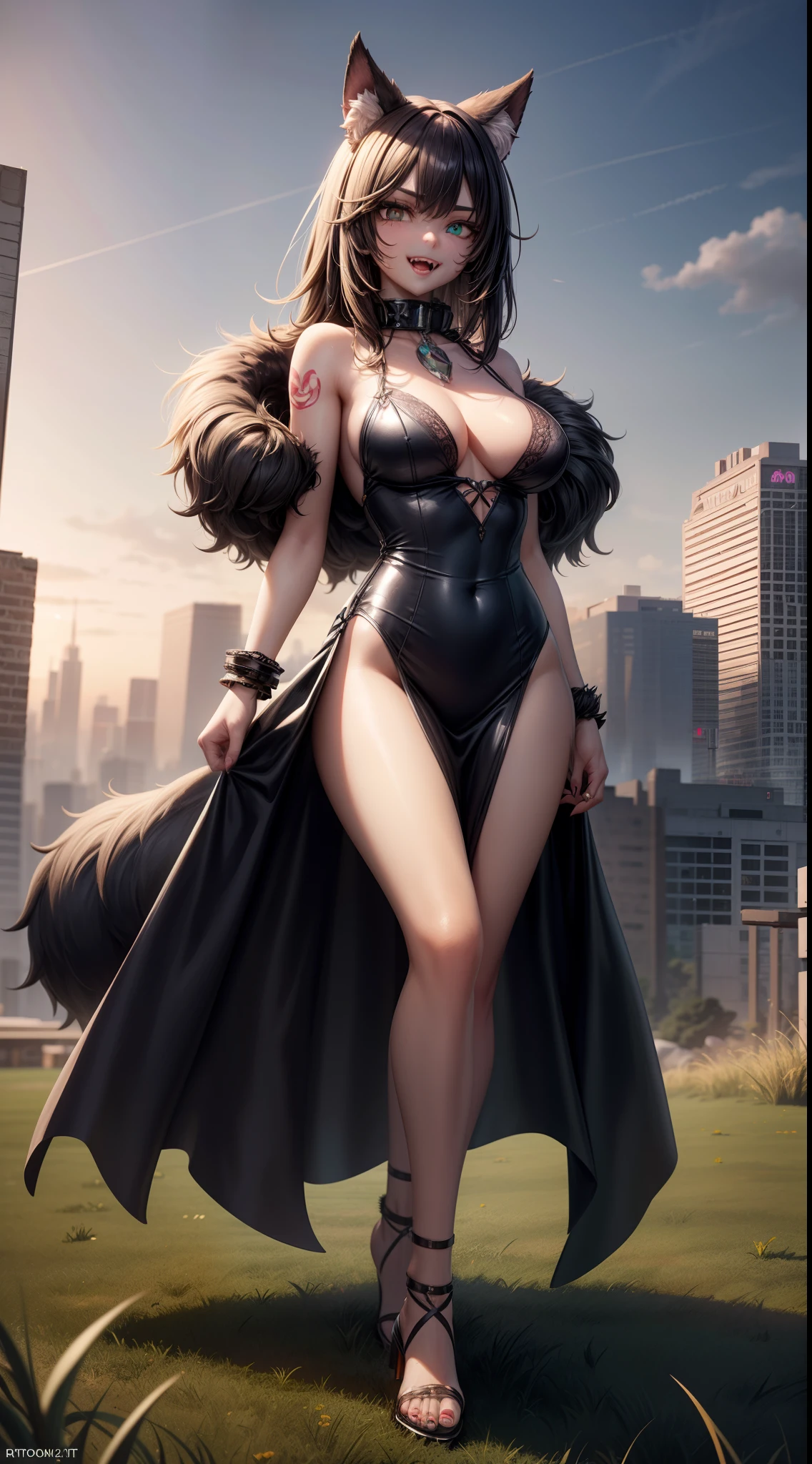 werewolf girl, ((fluffy skin)), paws on foots, fluffy fur on body, ((fangs)), ((claws)), huge metal bracelets, huge metal collar, grass-green extremely_detailed_(lacy, fur, silk, satin)_(dress, clothing, skirt), detailed face, detailed beautiful shiny eyes, slit pupils, metallic reflections, futuristic city square, (tatooed, marked)_fit_muscular_body, (((1girl))), portrait, (full body), natural breasts, medium length hair, masterpiece, best quality, beautiful and aesthetic:1.2, fractal art:1.4, 16K, HDR, RTX, Ray Tracing, Radiosity, Anisotropic Filtering, Subsurface Scattering