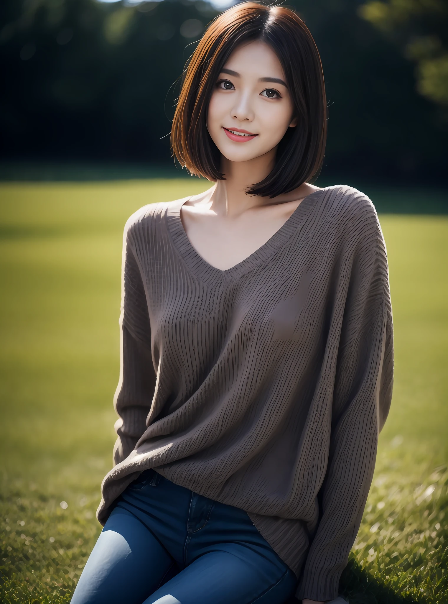 (rain, grassy fields: 1.3), 1 beautiful woman taking pictures on the grass,RAW photos,tmasterpiece,(highdetailskin:1.2),8k ultra high definition,digital SLR camera,gentlesoftlighting,high high quality,filmgrain,富士XT3,20 years old Asian woman,Dark gray skinny sweater(Slim,Fit snugly to the body,Show beautiful curves)and trendy jeans with open navels,Detailed clothing details:1.5,perfect body figure,Perfect breasts and nipple bulge,The calves are straight and slender,((Branded fashion travel shoes:1.5)),Melon seed face,short detailed hair,Super detailed facial details and skin,Fair face and fair skin,二重まぶた,Super detailed eyes,A sweet smile,Beautiful accessories,(Gloss on lips, eyeslashes, Glossy face, Best quality, Super high resolution, warm color,Wide lighting, naturalshadow), Sit on the grass and play,Pose coquettishly,Show off your sexy figure, Full body shooting: 1.8