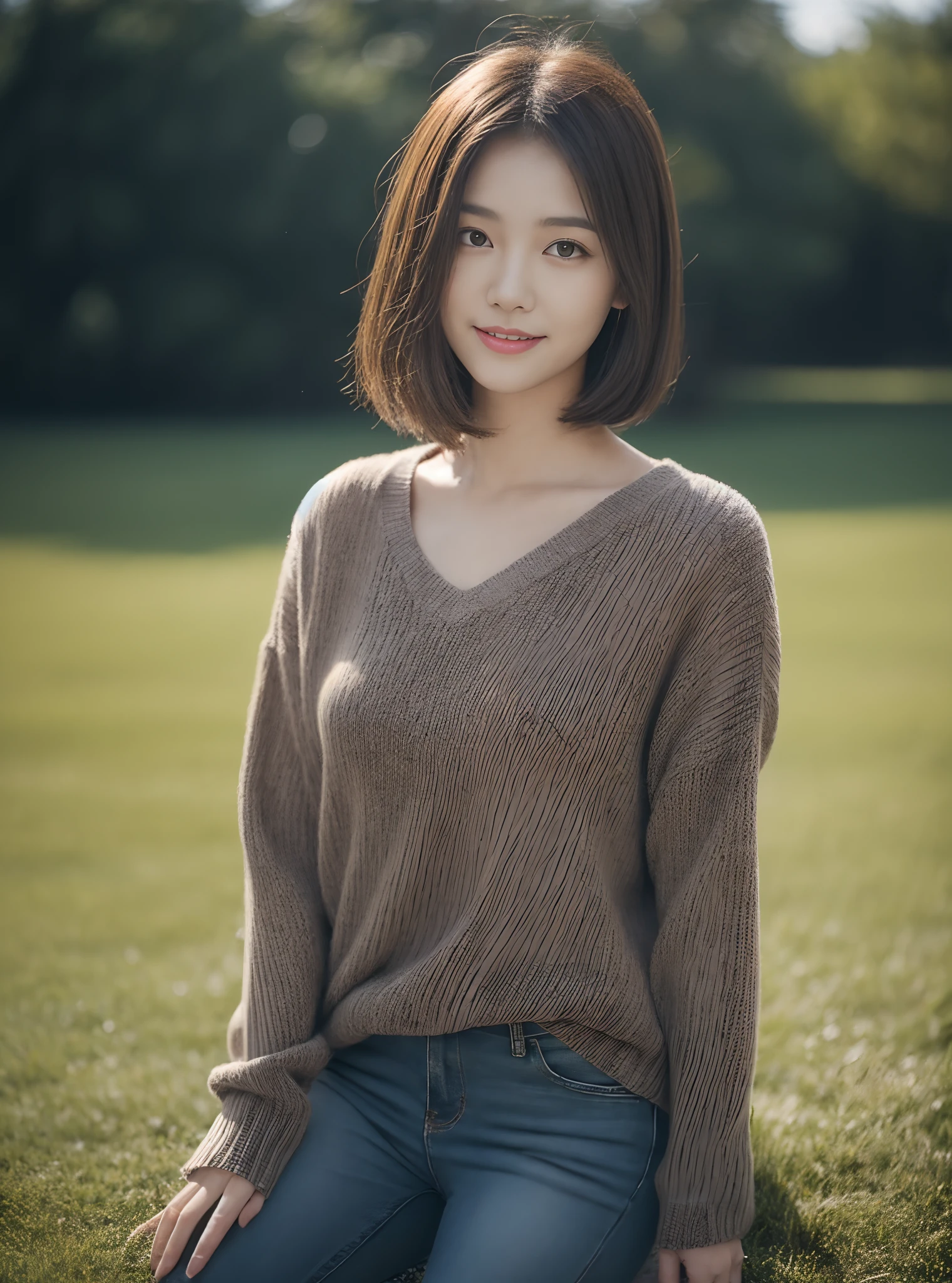 (rain, grassy fields: 1.3), 1 beautiful woman taking pictures on the grass,RAW photos,tmasterpiece,(highdetailskin:1.2),8k ultra high definition,digital SLR camera,gentlesoftlighting,high high quality,filmgrain,富士XT3,20 years old Asian woman,Dark gray skinny sweater(Slim,Fit snugly to the body,Show beautiful curves)and trendy jeans with open navels,Detailed clothing details:1.5,perfect body figure,Perfect breasts and nipple bulge,The calves are straight and slender,((Branded fashion travel shoes:1.5)),Melon seed face,short detailed hair,Super detailed facial details and skin,Fair face and fair skin,二重まぶた,Super detailed eyes,A sweet smile,Beautiful accessories,(Gloss on lips, eyeslashes, Glossy face, Best quality, Super high resolution, warm color,Wide lighting, naturalshadow), Sit on the grass and play,Pose coquettishly,Show off your sexy figure, Full body shooting: 1.8