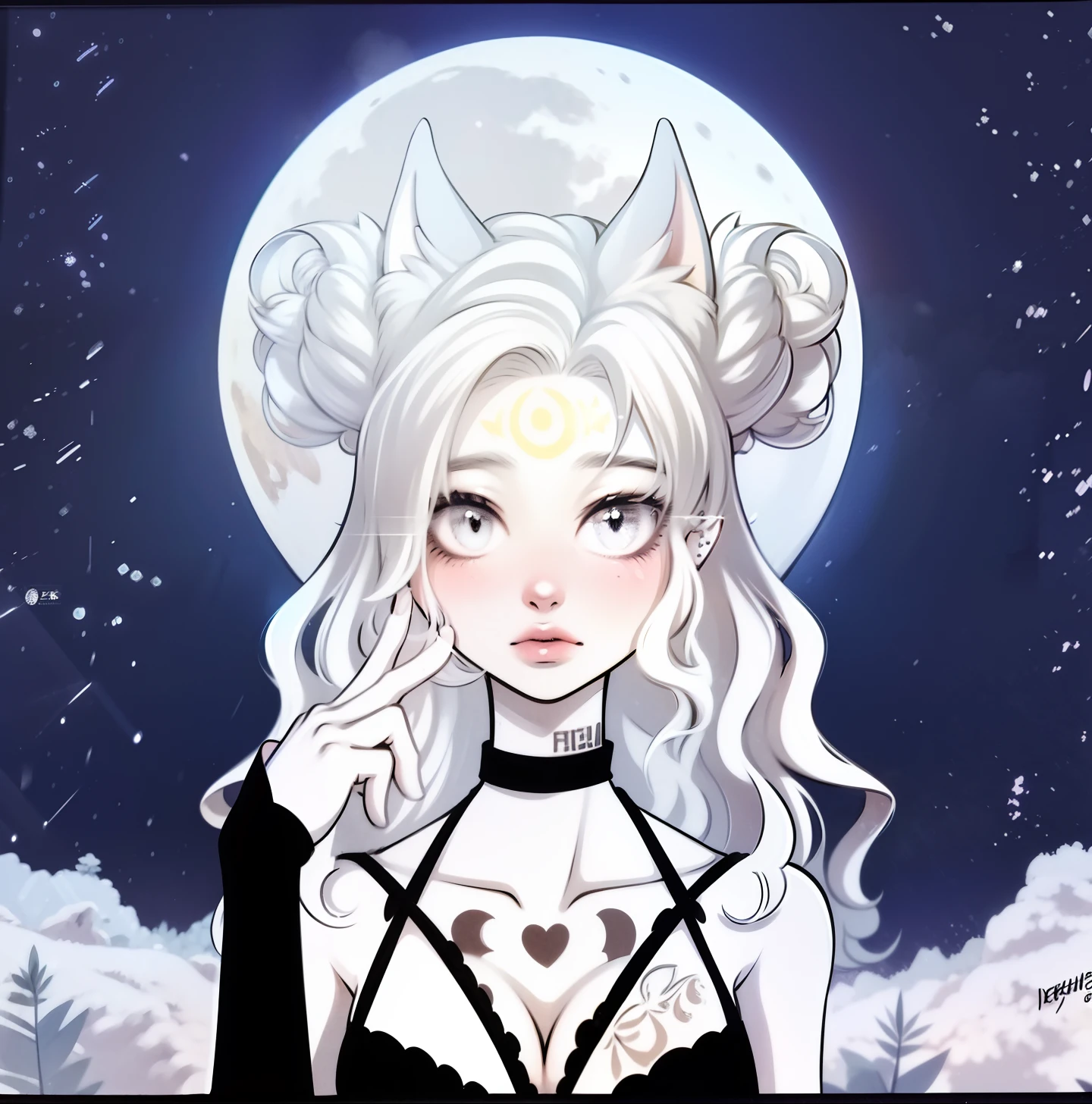 (Anthropomorphic wolf cute cub) orelhas de lobo,com jaqueta preta, olhos rosa e branco , heterocromia nos olhos ,cabelo platinado cacheados com pontas roxas,bad girl, Moon birthmark on forehead 🌕🌙, Hibrido,jovem, retrato, busto, postura de frente para a camera, Cartoon, vestido como  uma vesater roqueira metaleira dos anos 80 obra prima, postura de confiante, youtuber, fleshy lips , piercings no nariz e nas orelhas de lobo, tatuagens pelo corpo, tattoo de lua 🌙 acima dos seios,asas de anjo negro nas costas, and dark purple necklace on neck, Hand with drag glove