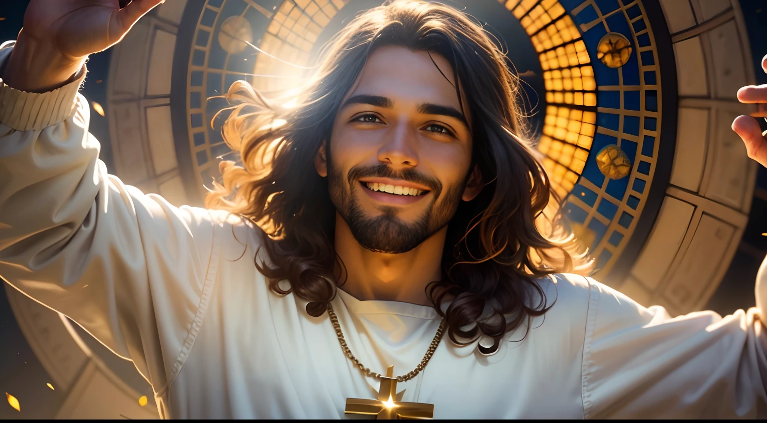 um retrato de jesus homem sorrindo, nuvens por do sol aura sagrada luz cinematica, Sweet look with open arms