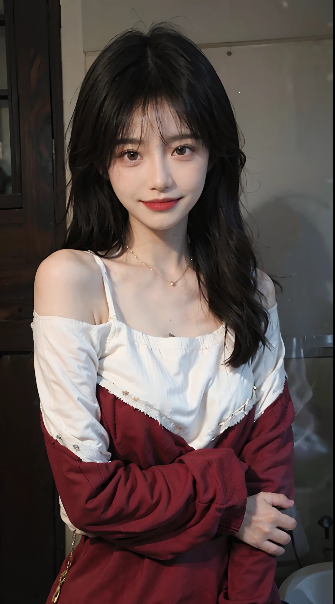 best qualtiy，tmasterpiece，超高分辨率，（realisticlying：1.4），2girls，Red sweater dress,Red sweater dress,self-shot，Large wavy curls，Goose egg face，Enchanted smile，二重まぶた，A pair of peach blossom eyes，，Pure，choker necklace，adolable，Translucent skin，head straight-looking at viewer，浴室，taking a shower，Full of atmosphere，hair pin：1.4，（The upper part of the body：1.4），
